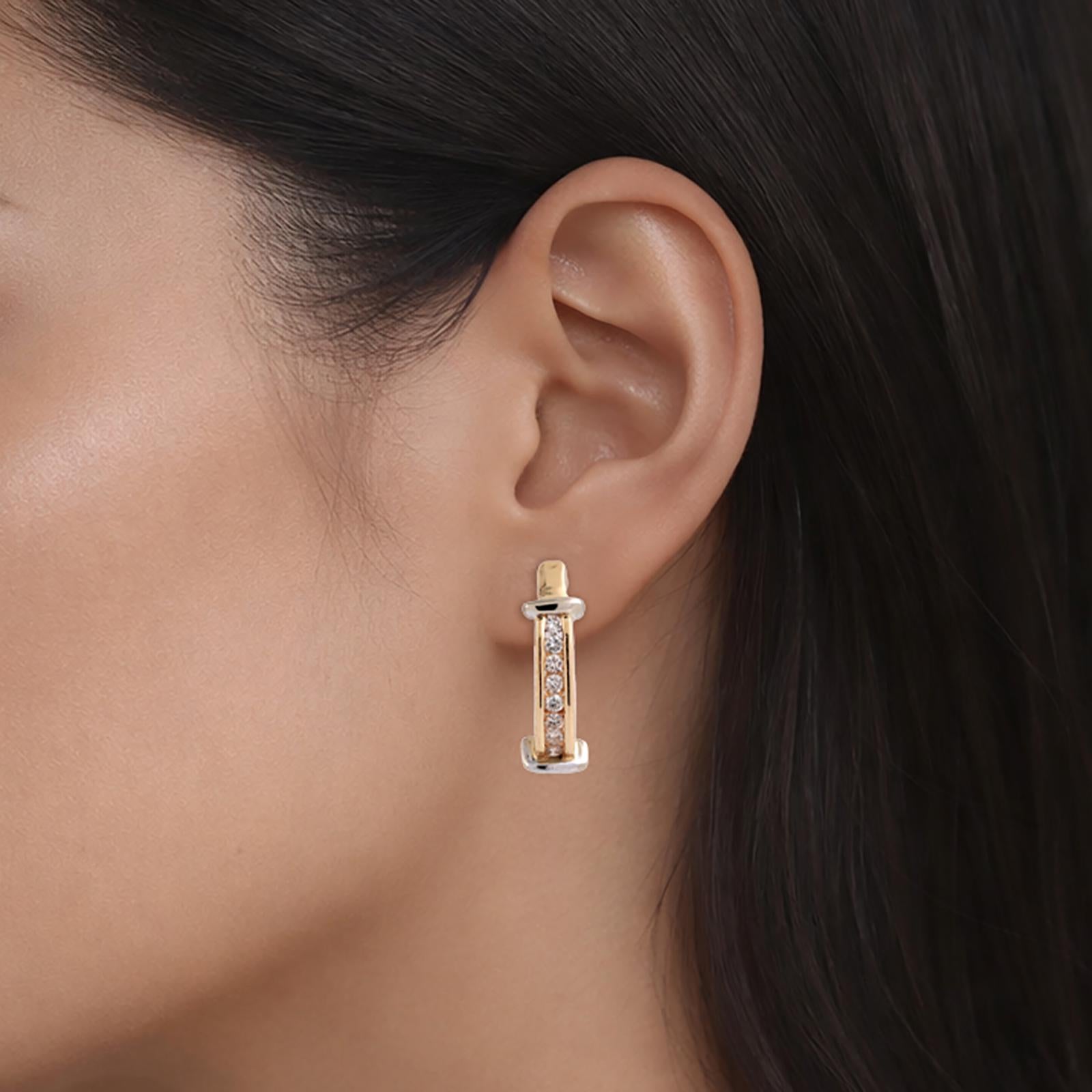 0.33ctw Diamond J Hoop Earrings 14K Two-Tone Gold Channel Set Latch Back Estate