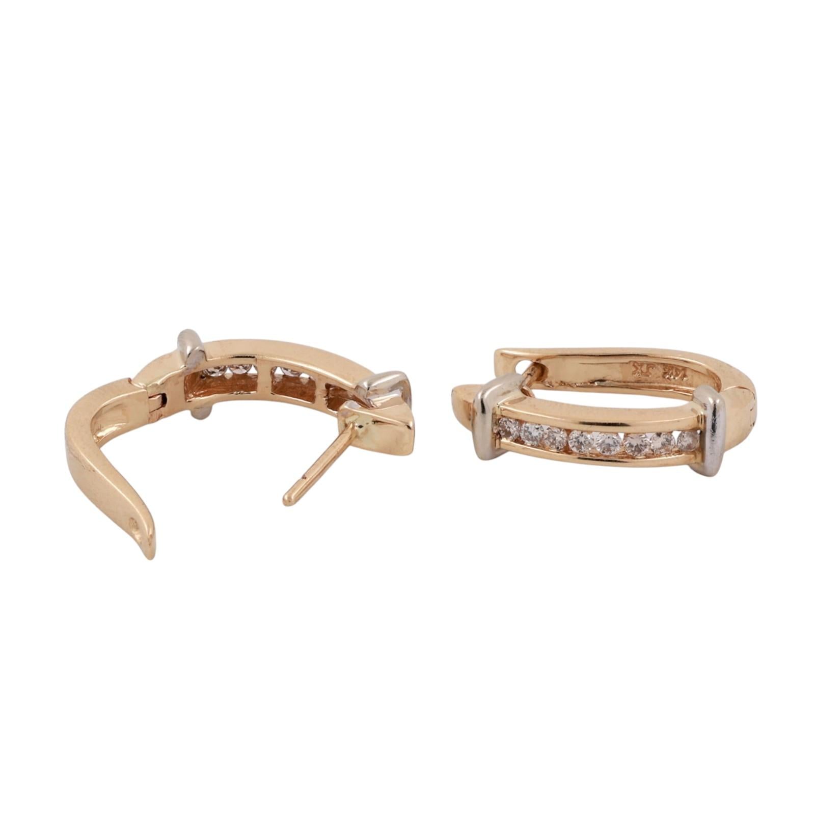 0.33ctw Diamond J Hoop Earrings 14K Two-Tone Gold Channel Set Latch Back Estate