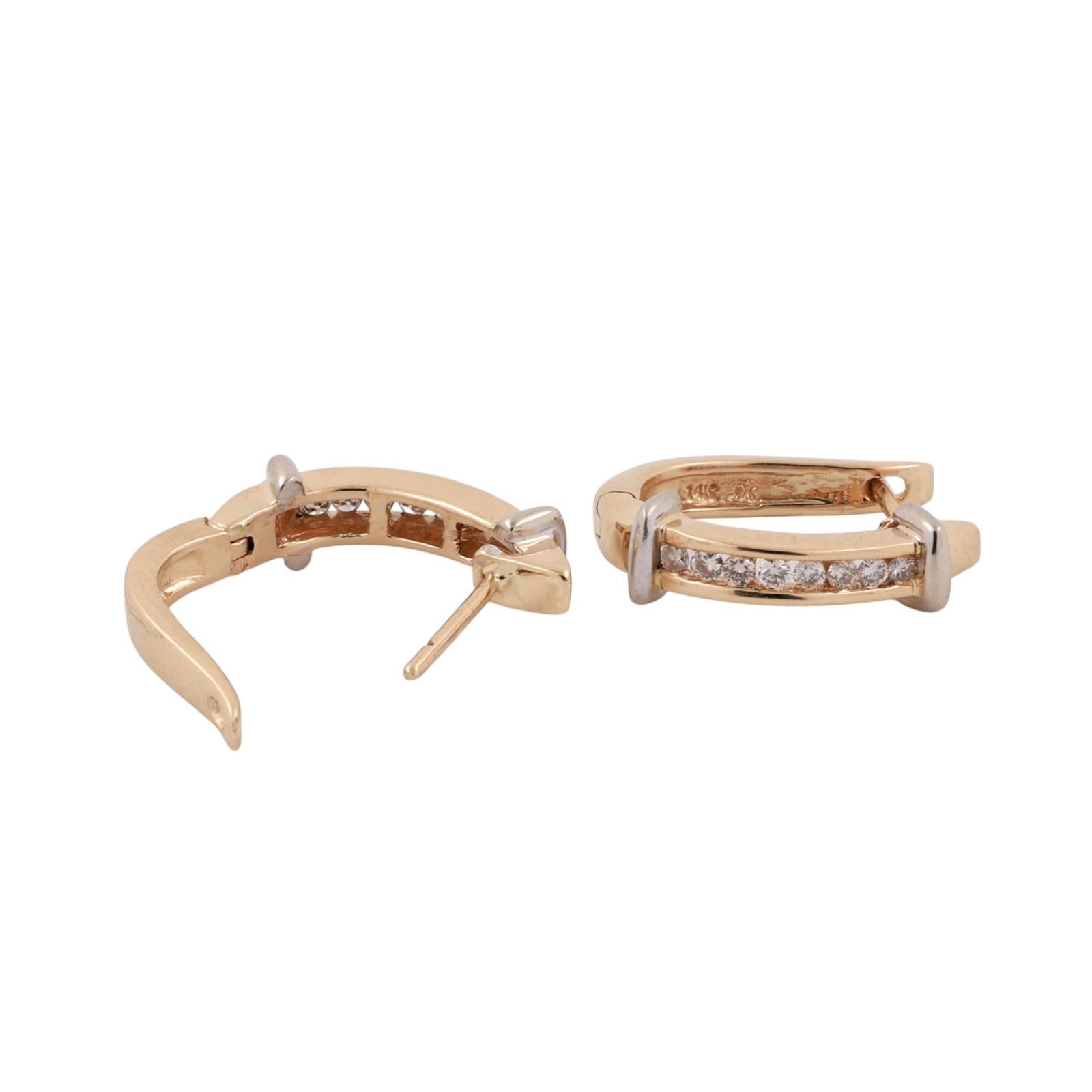 0.33ctw Diamond J Hoop Earrings 14K Two-Tone Gold Channel Set Latch Back Estate