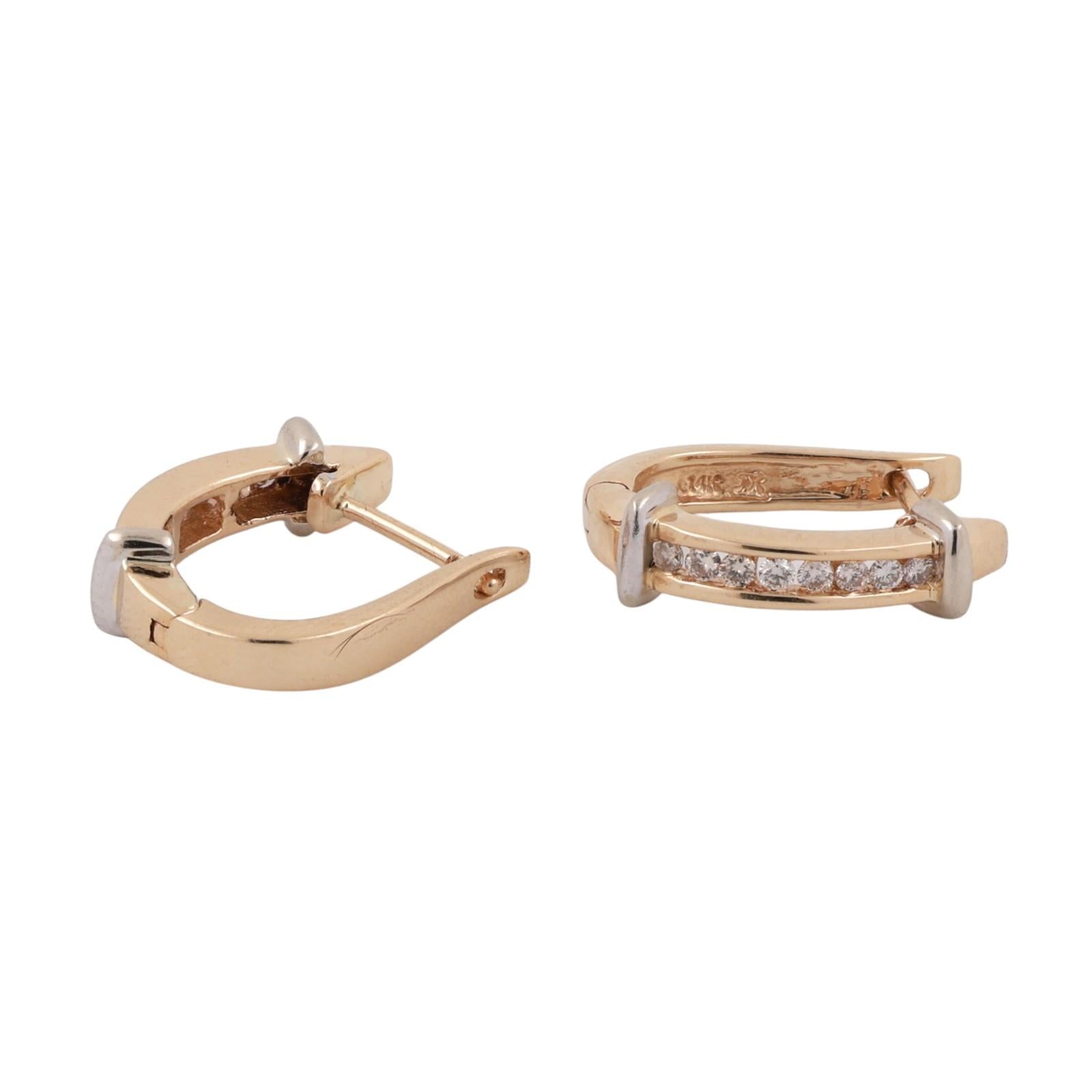0.33ctw Diamond J Hoop Earrings 14K Two-Tone Gold Channel Set Latch Back Estate