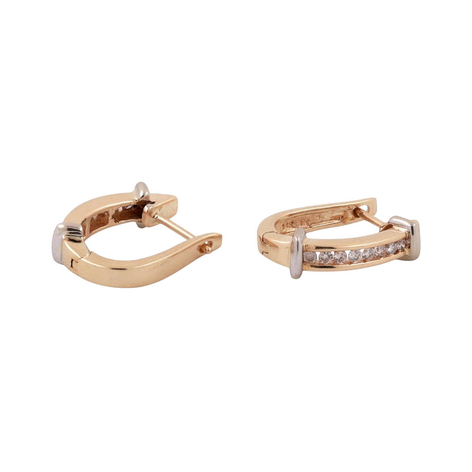 0.33ctw Diamond J Hoop Earrings 14K Two-Tone Gold Channel Set Latch Back Estate