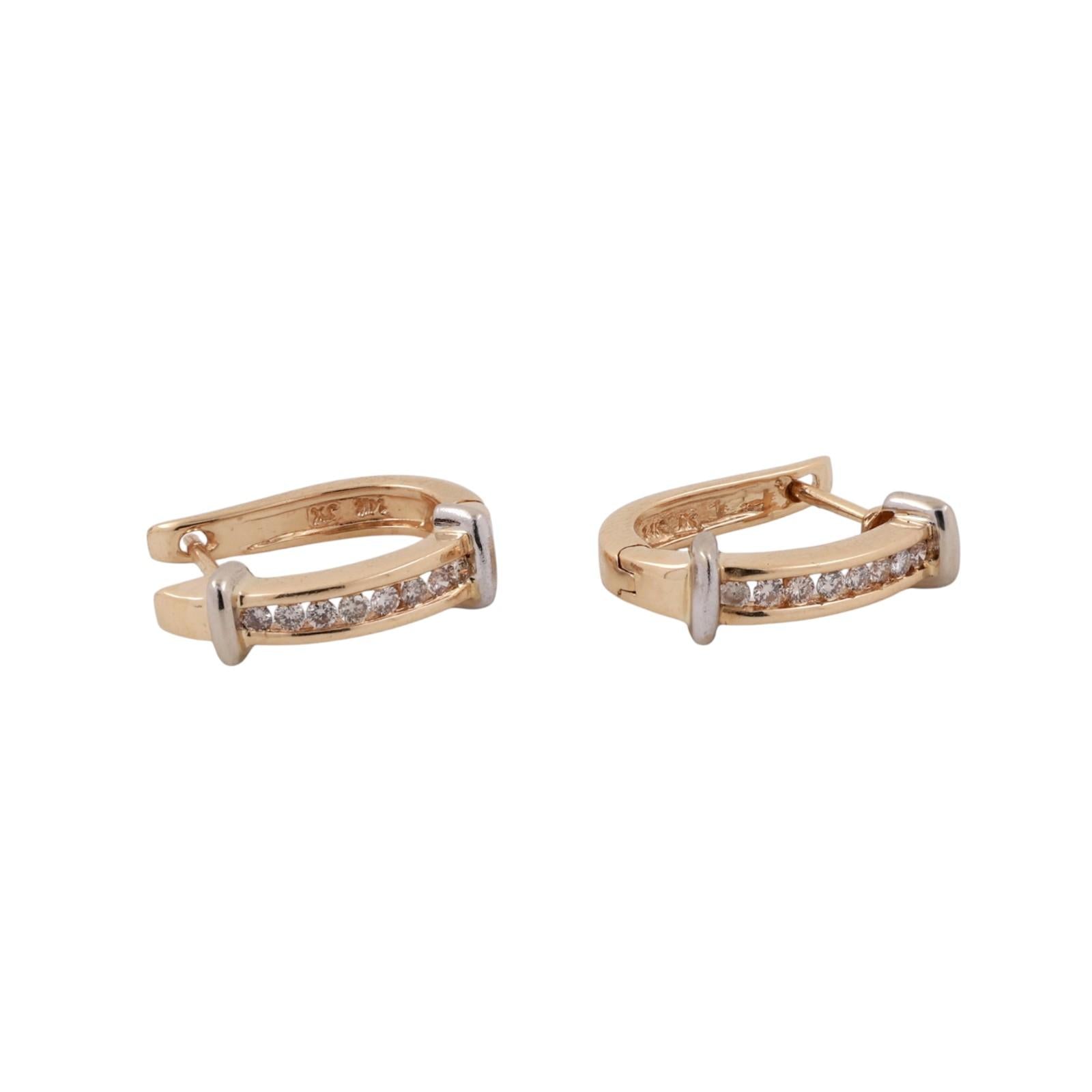 0.33ctw Diamond J Hoop Earrings 14K Two-Tone Gold Channel Set Latch Back Estate