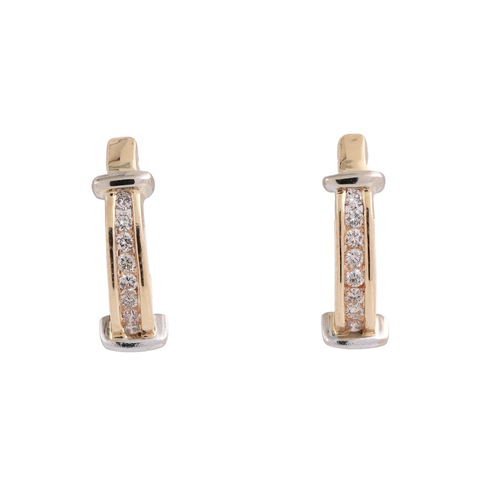 0.33ctw Diamond J Hoop Earrings 14K Two-Tone Gold Channel Set Latch Back Estate