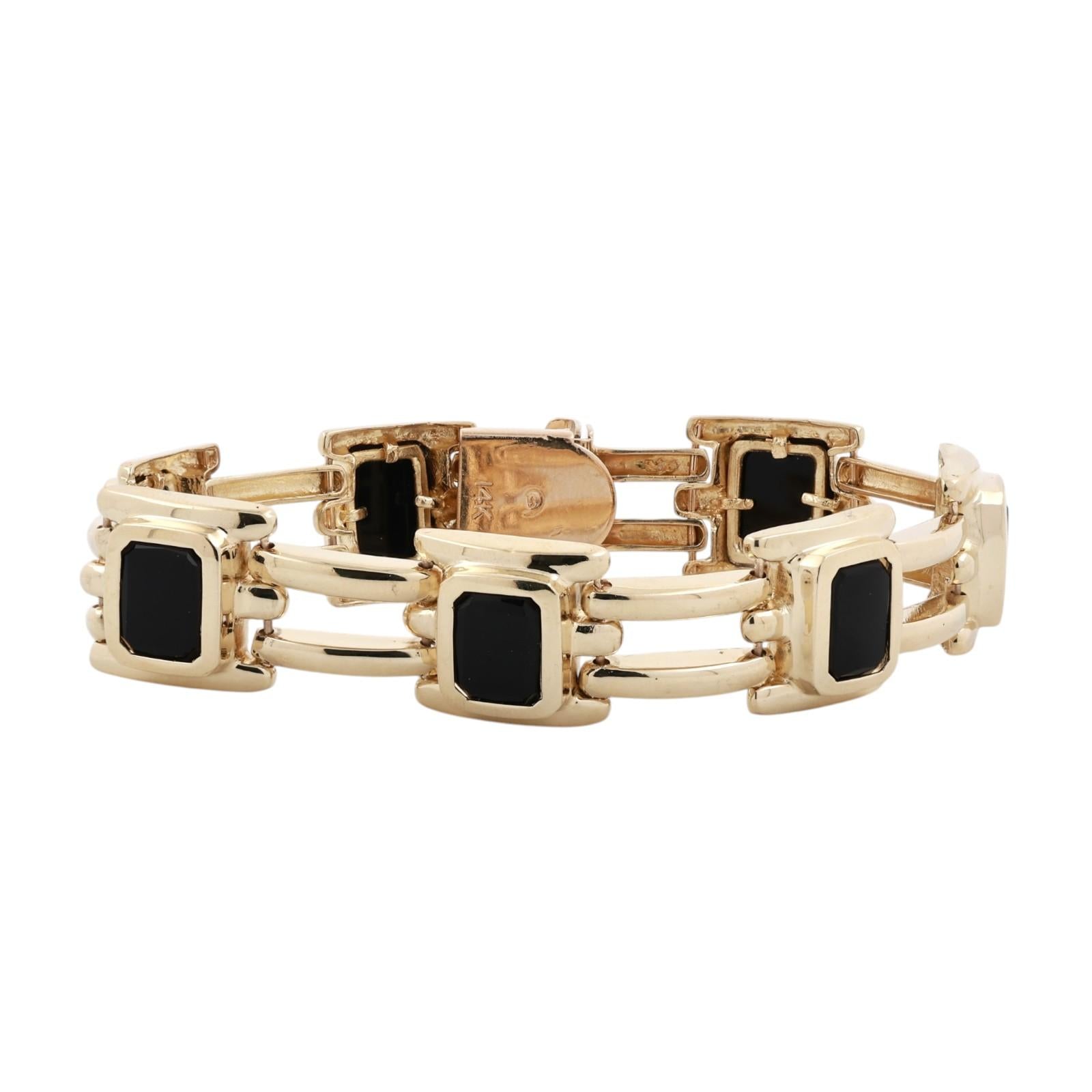 Yellow Gold Black Onyx Link Bracelet 33.9g Heavy Unisex Estate 7.5"