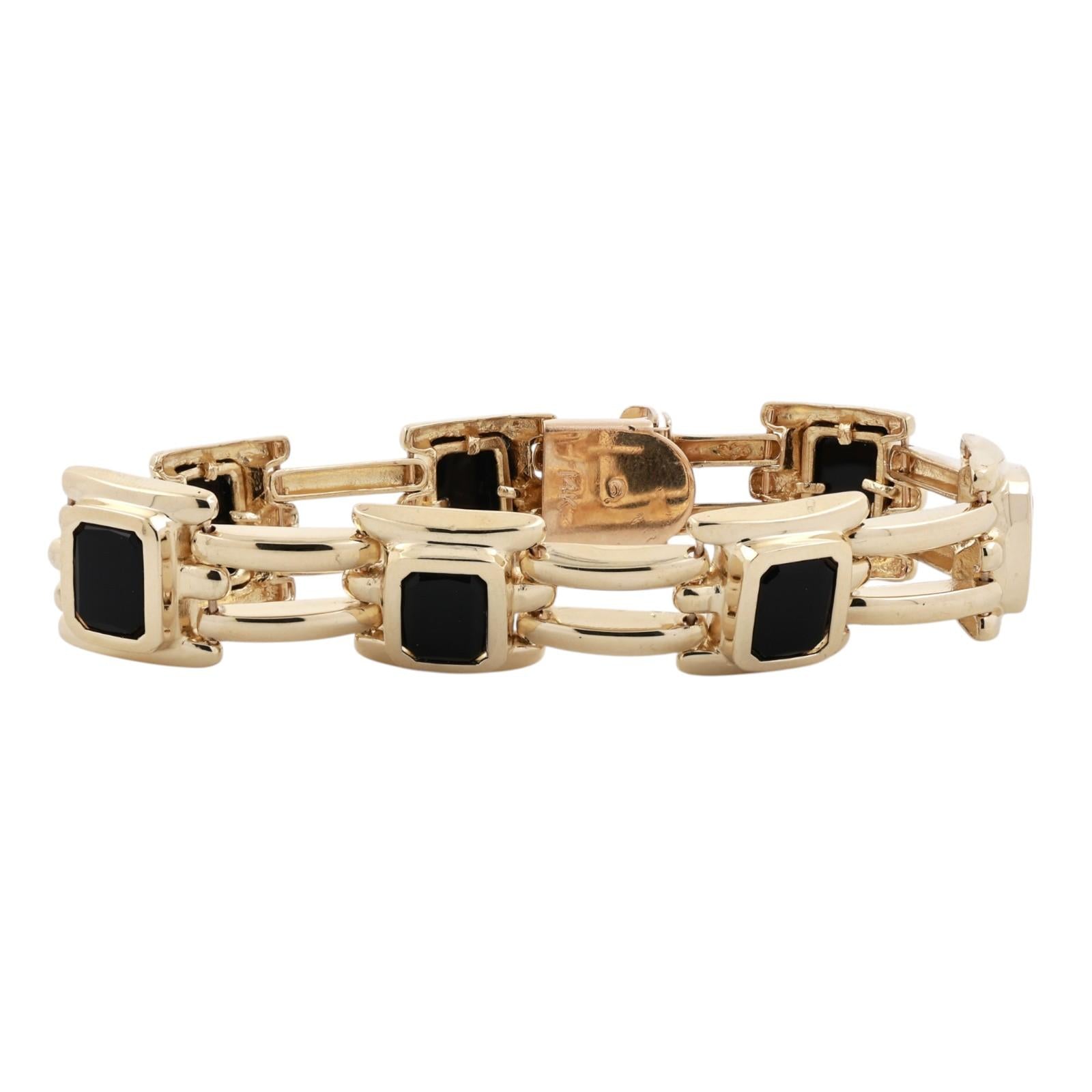 Yellow Gold Black Onyx Link Bracelet 33.9g Heavy Unisex Estate 7.5"