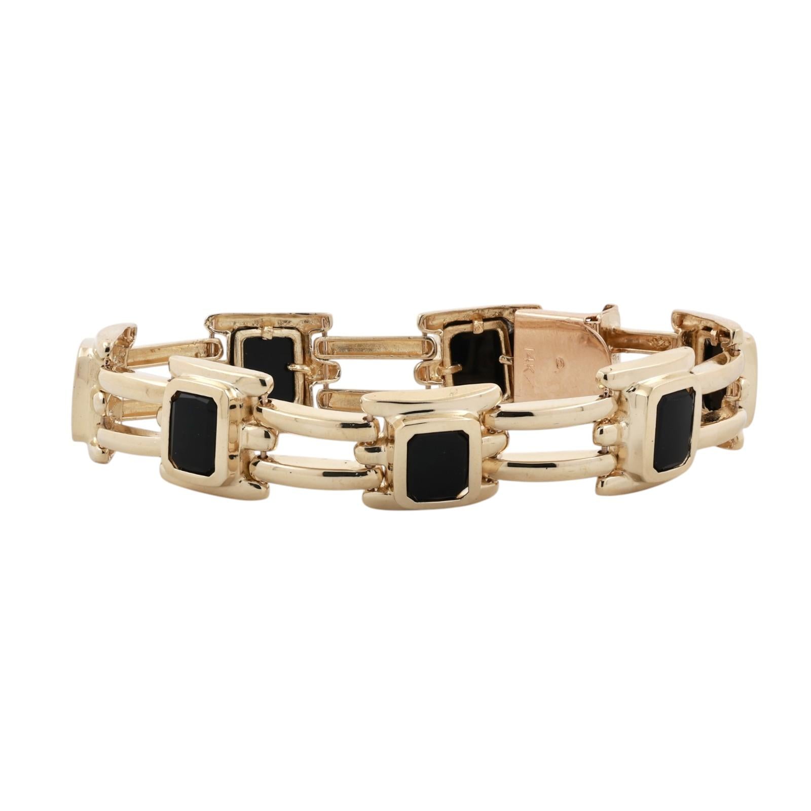 Yellow Gold Black Onyx Link Bracelet 33.9g Heavy Unisex Estate 7.5"