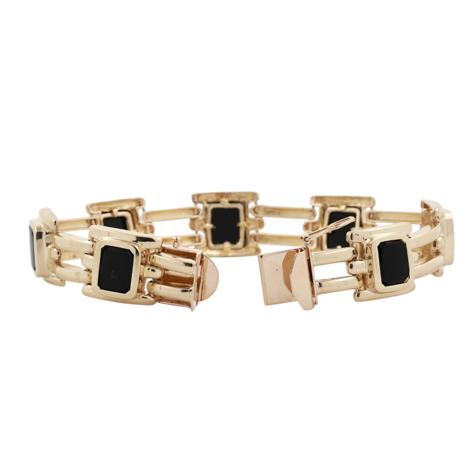 Yellow Gold Black Onyx Link Bracelet 33.9g Heavy Unisex Estate 7.5"