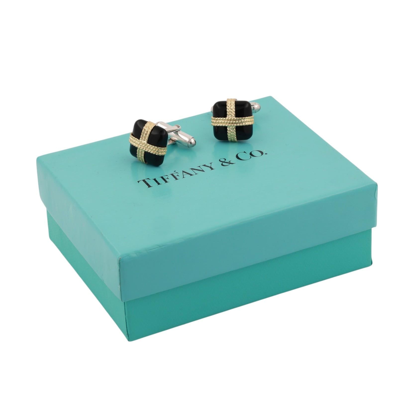 Tiffany & Co. 18K Yellow Gold Sterling Silver Black Onyx Rope X Cufflinks