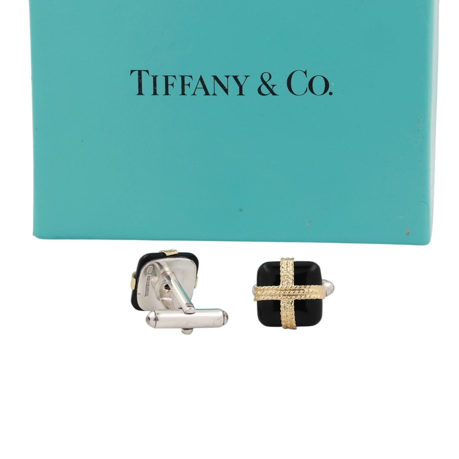Tiffany & Co. 18K Yellow Gold Sterling Silver Black Onyx Rope X Cufflinks