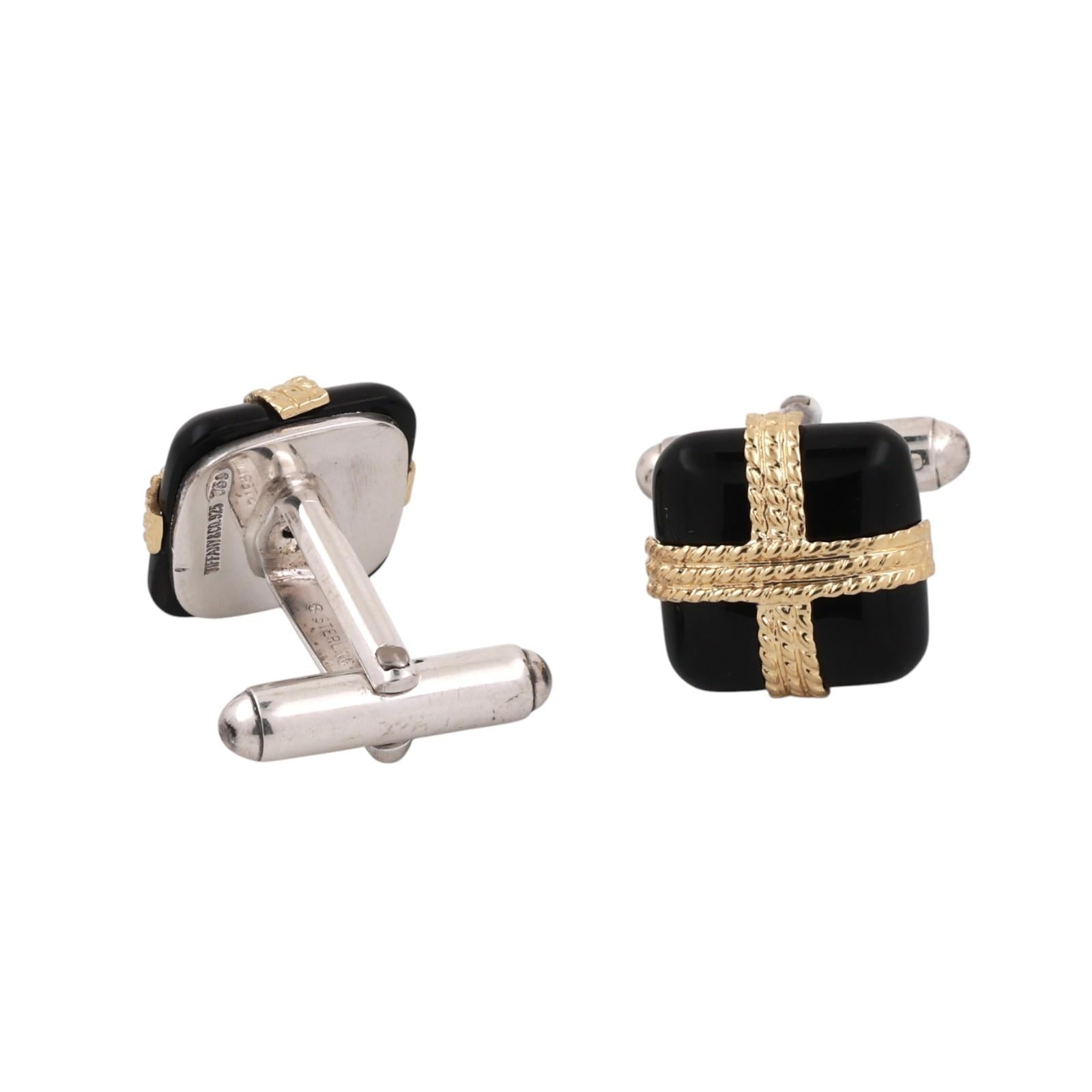 Tiffany & Co. 18K Yellow Gold Sterling Silver Black Onyx Rope X Cufflinks