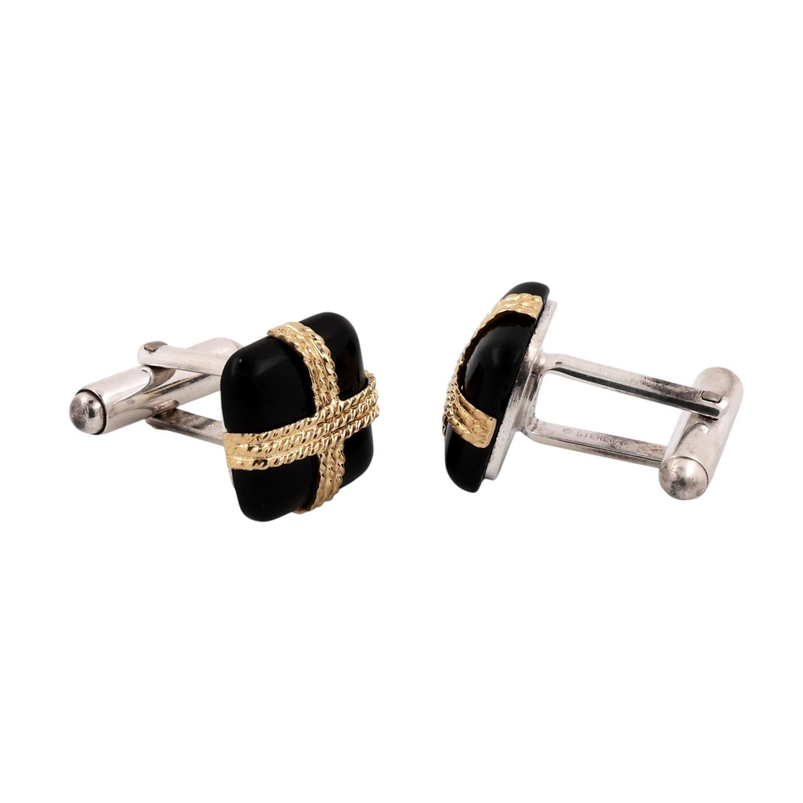 Tiffany & Co. 18K Yellow Gold Sterling Silver Black Onyx Rope X Cufflinks