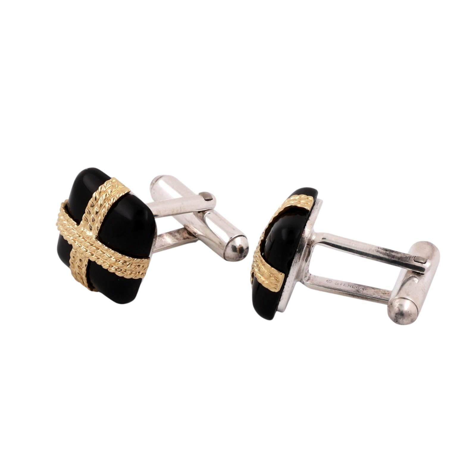 Tiffany & Co. 18K Yellow Gold Sterling Silver Black Onyx Rope X Cufflinks