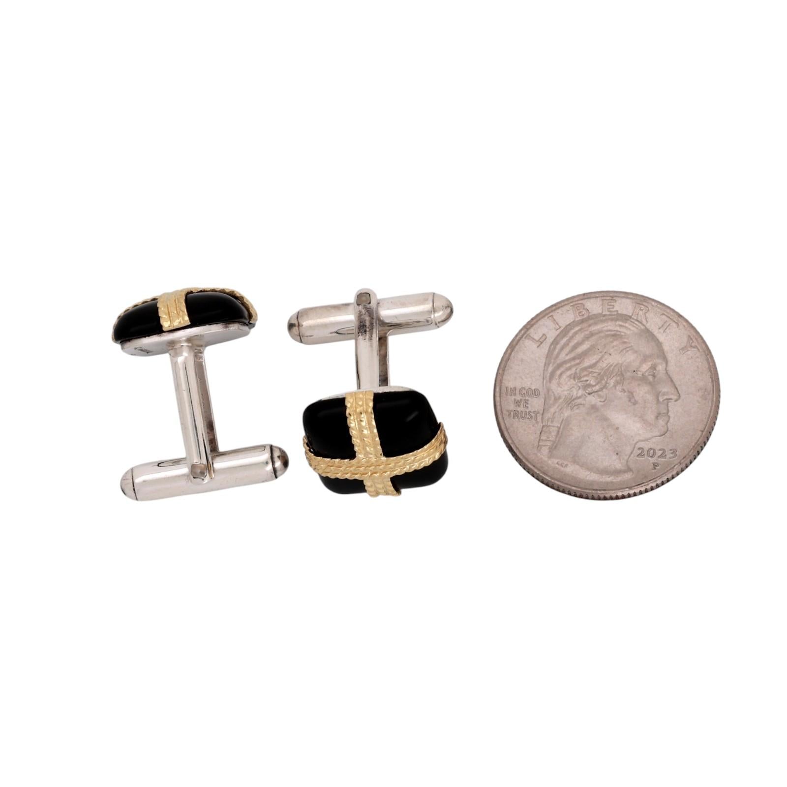 Tiffany & Co. 18K Yellow Gold Sterling Silver Black Onyx Rope X Cufflinks