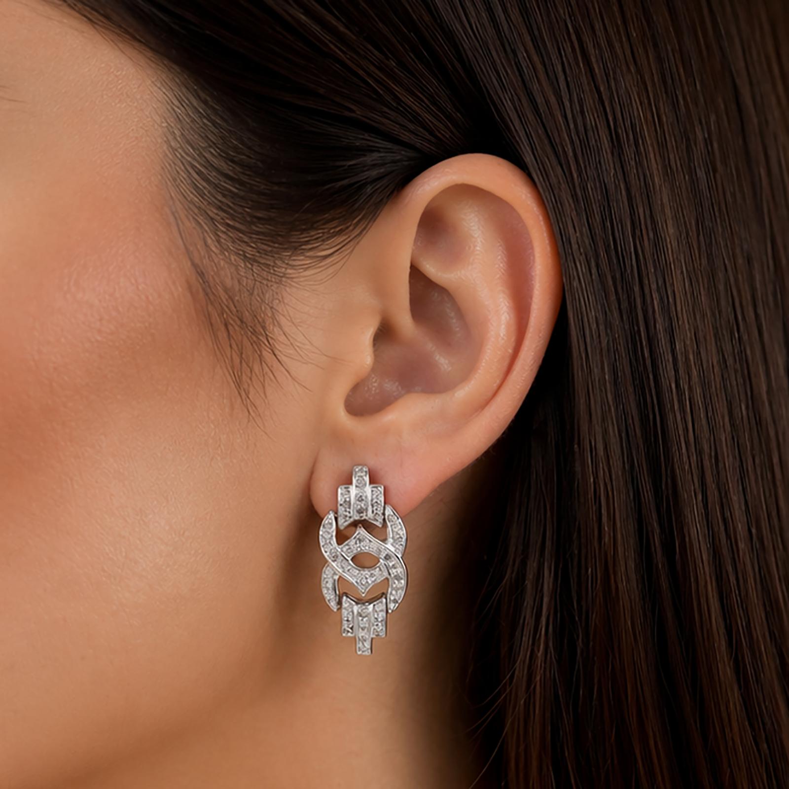 Estate 14K White Gold Diamond Pave Openwork Scroll Knot Drop Earrings 0.75ctw