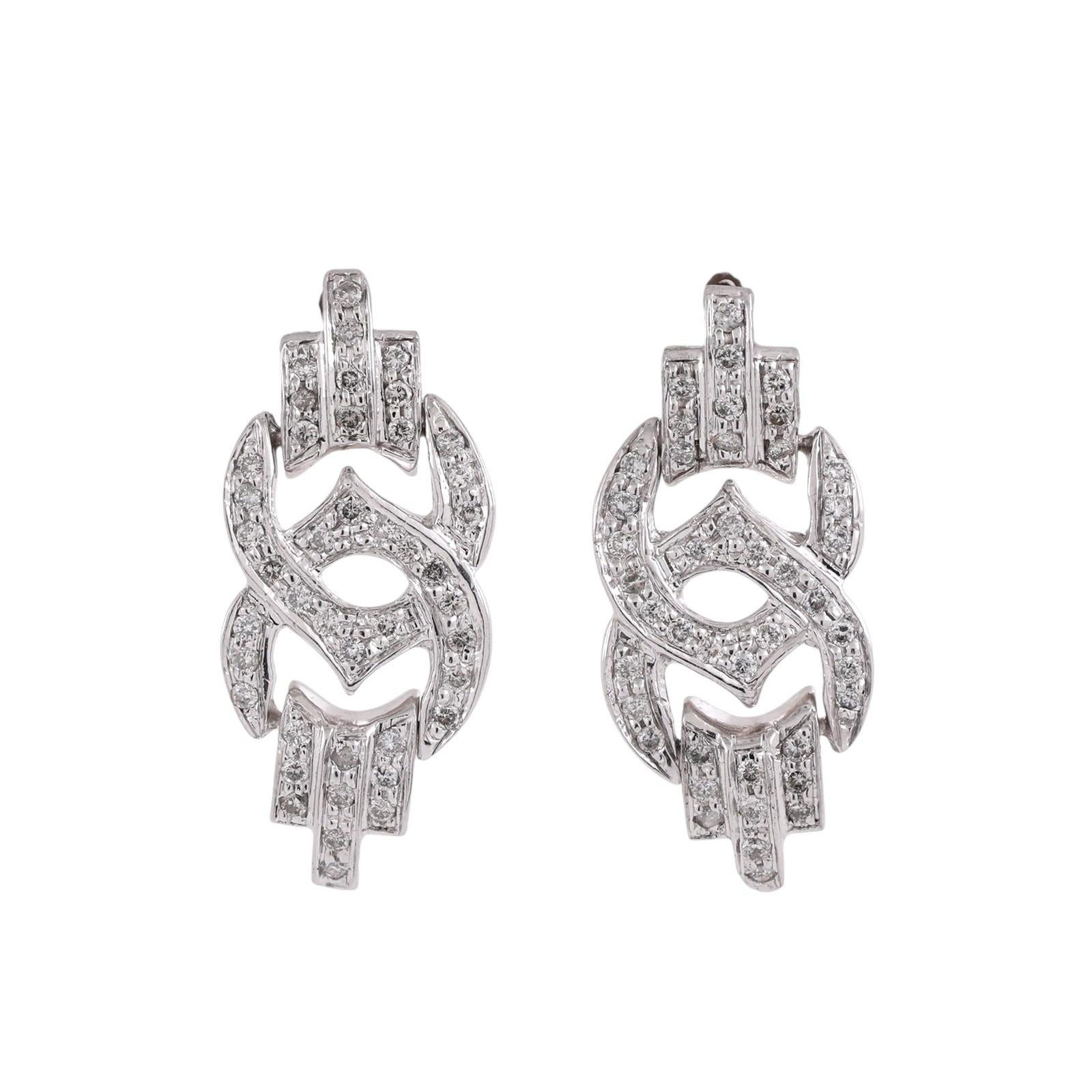 Estate 14K White Gold Diamond Pave Openwork Scroll Knot Drop Earrings 0.75ctw