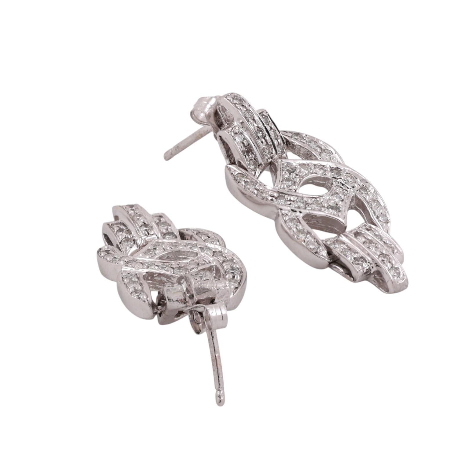 Estate 14K White Gold Diamond Pave Openwork Scroll Knot Drop Earrings 0.75ctw