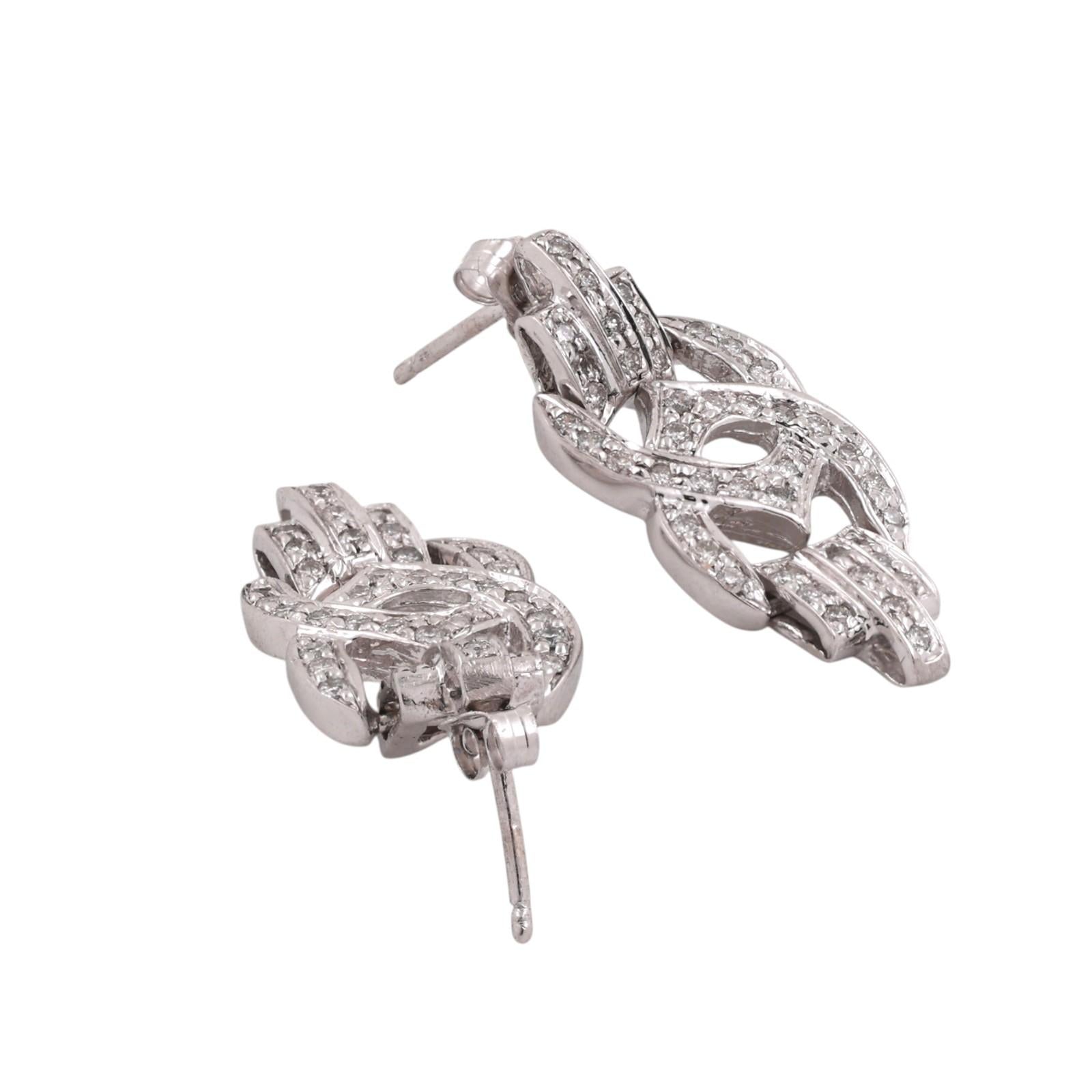 Estate 14K White Gold Diamond Pave Openwork Scroll Knot Drop Earrings 0.75ctw