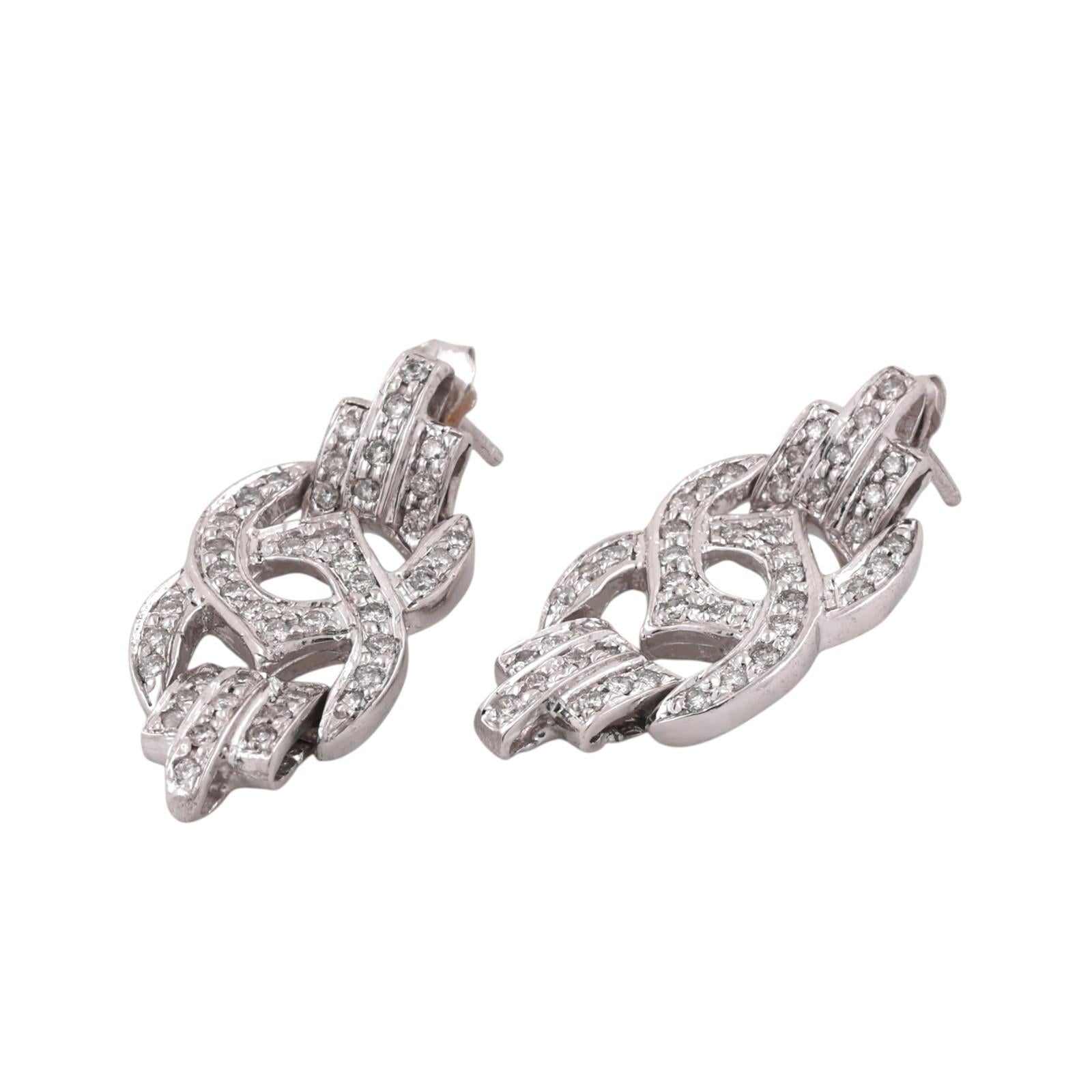 Estate 14K White Gold Diamond Pave Openwork Scroll Knot Drop Earrings 0.75ctw