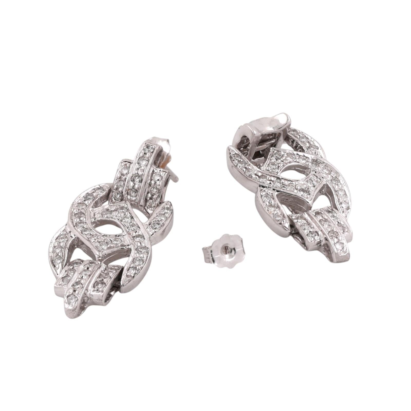 Estate 14K White Gold Diamond Pave Openwork Scroll Knot Drop Earrings 0.75ctw