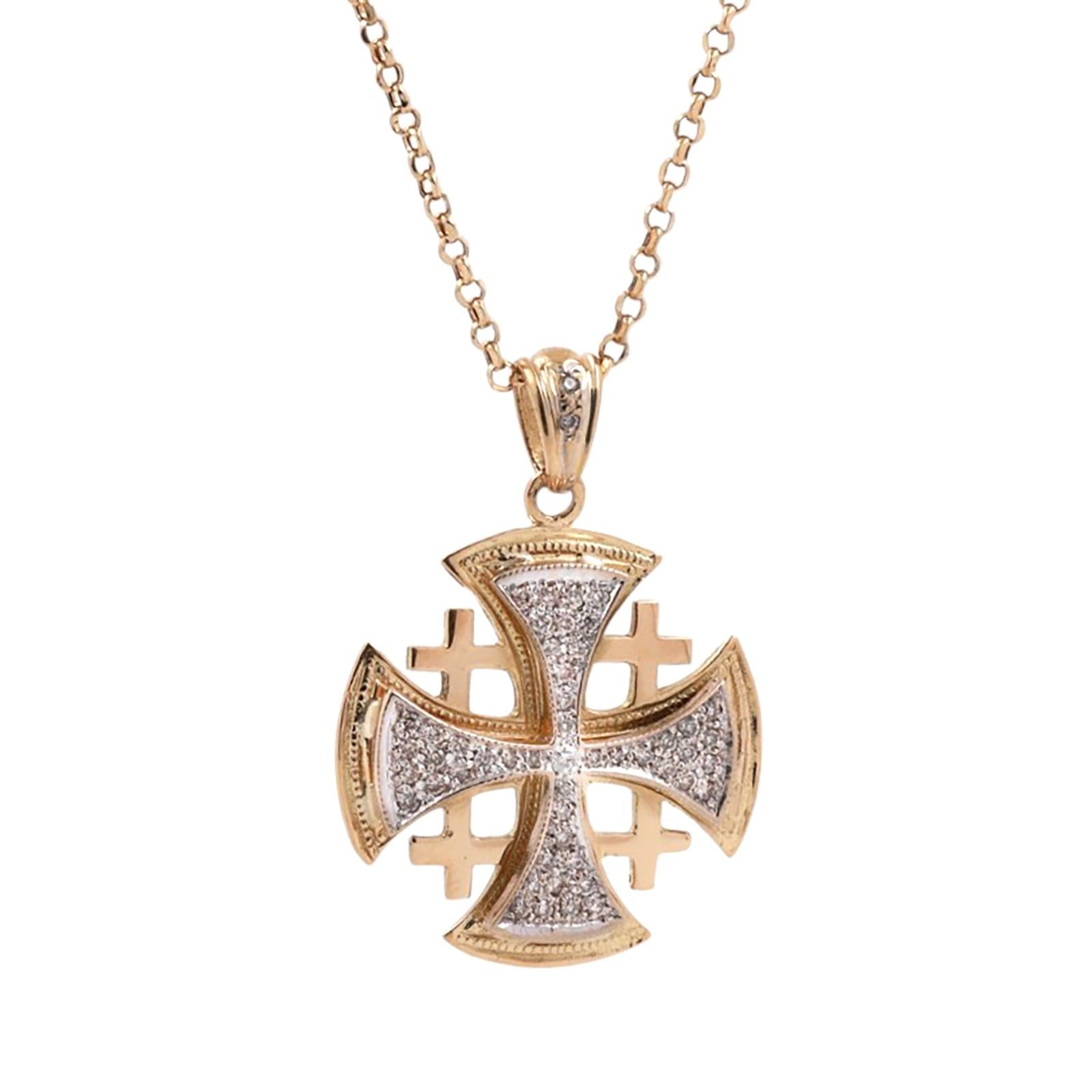 18K Two Tone Gold Natural Diamond Cross Pendant Necklace 0.50CTW 18"