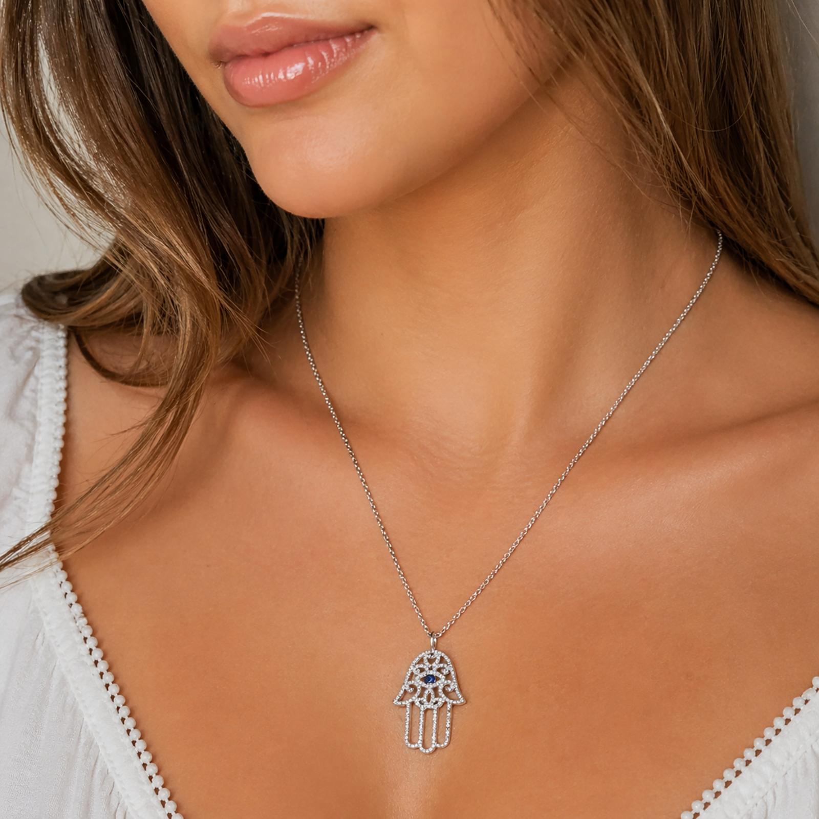 14K White Gold Sapphire Diamond Hamsa Evil Eye Pendant Necklace 0.95 CTW 18"