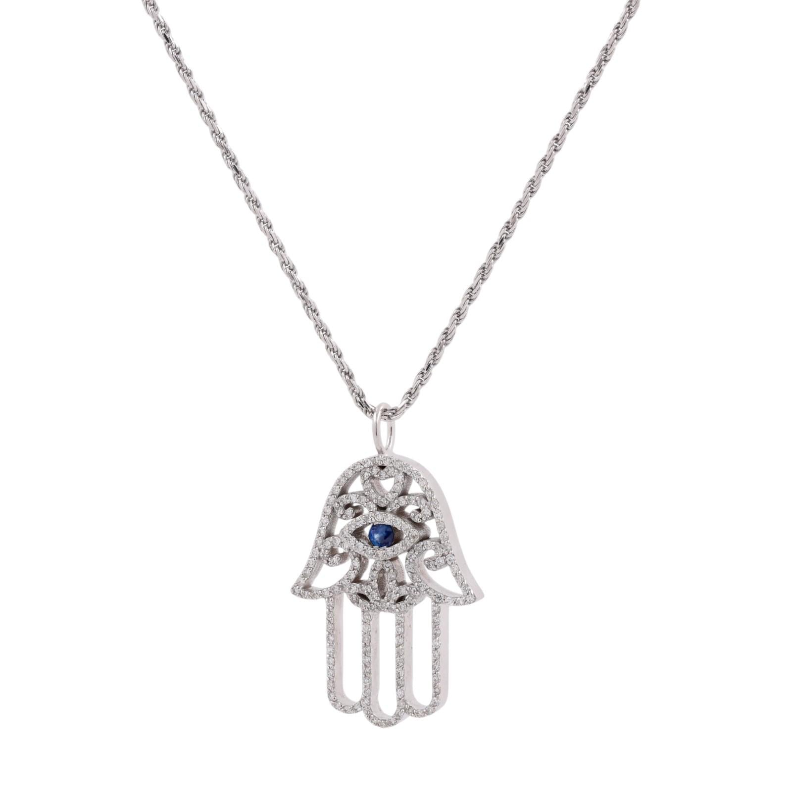 14K White Gold Sapphire Diamond Hamsa Evil Eye Pendant Necklace 0.95 CTW 18"
