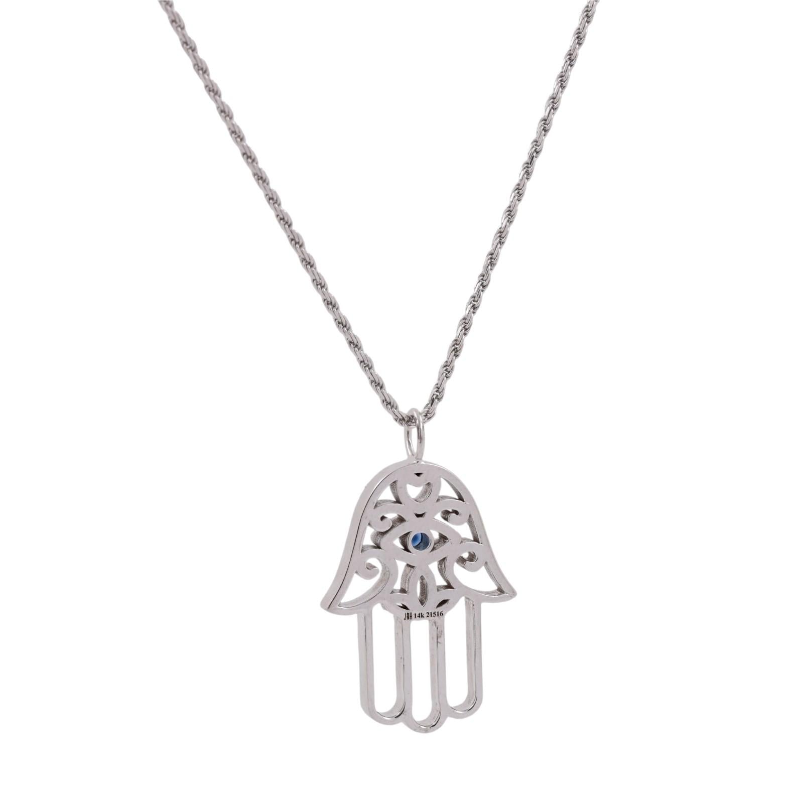 14K White Gold Sapphire Diamond Hamsa Evil Eye Pendant Necklace 0.95 CTW 18"