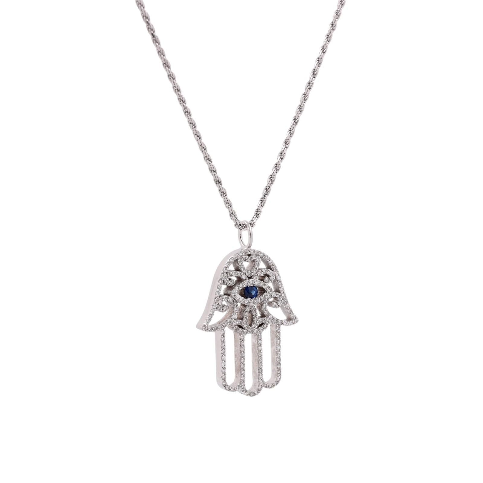 14K White Gold Sapphire Diamond Hamsa Evil Eye Pendant Necklace 0.95 CTW 18"