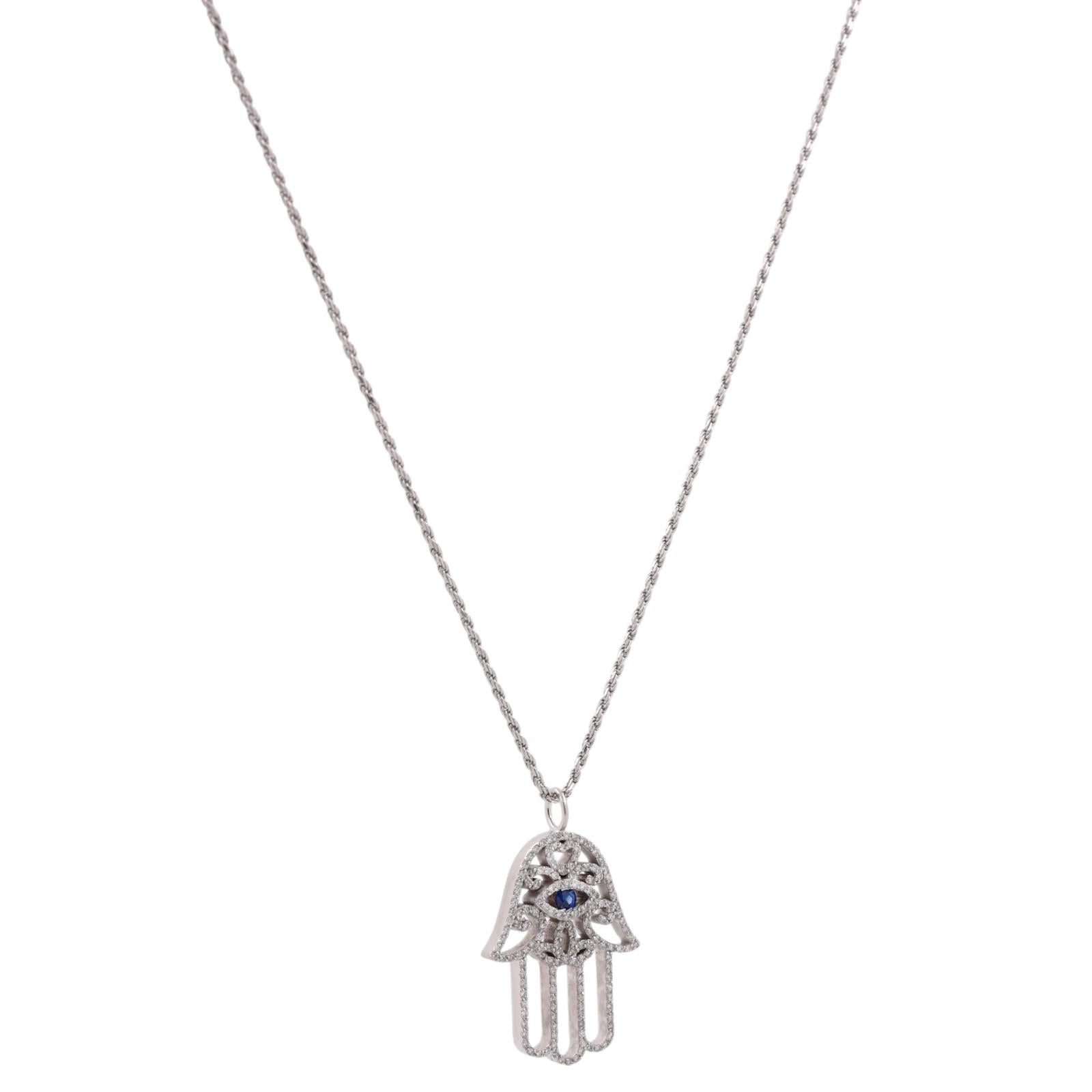 14K White Gold Sapphire Diamond Hamsa Evil Eye Pendant Necklace 0.95 CTW 18"