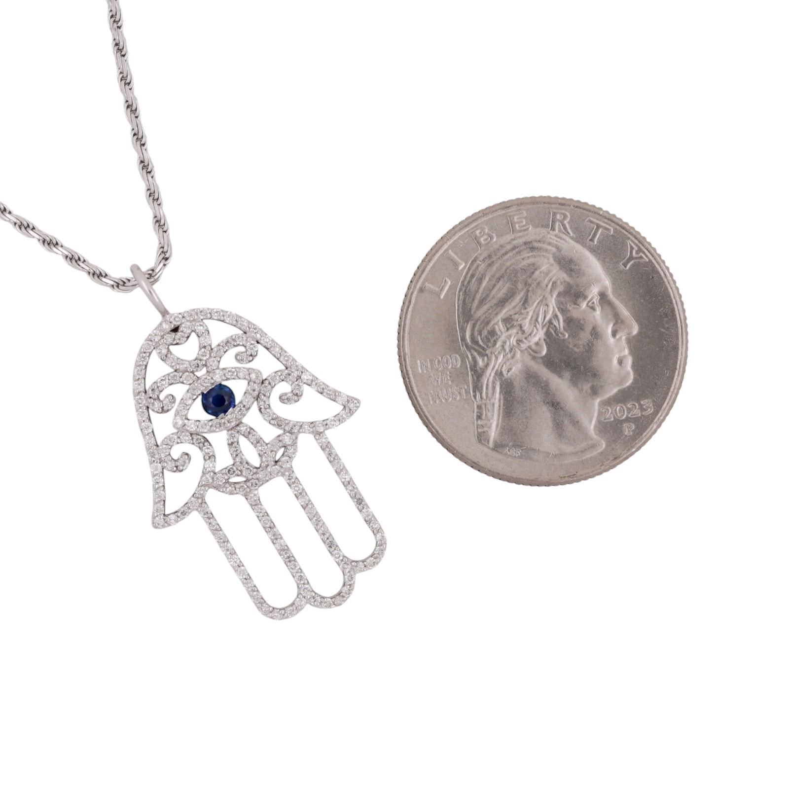 14K White Gold Sapphire Diamond Hamsa Evil Eye Pendant Necklace 0.95 CTW 18"