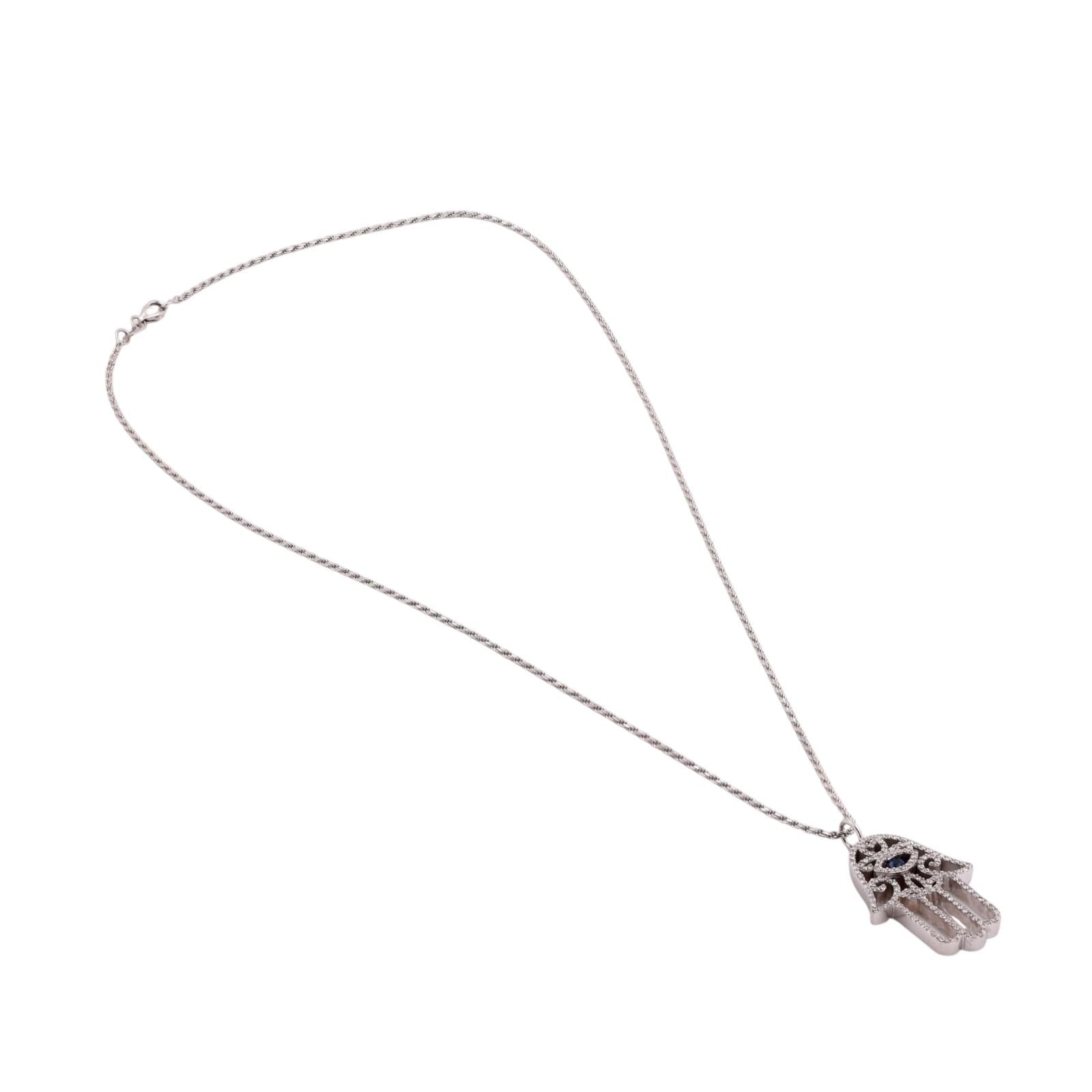 14K White Gold Sapphire Diamond Hamsa Evil Eye Pendant Necklace 0.95 CTW 18"