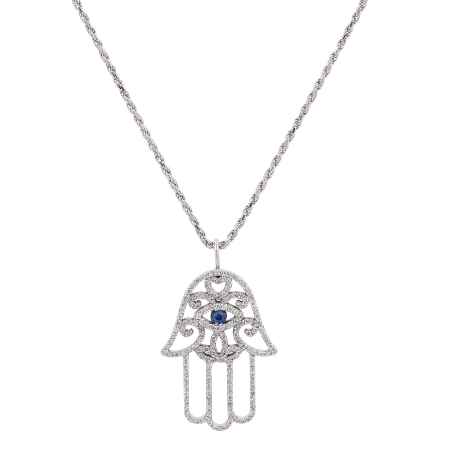 14K White Gold Sapphire Diamond Hamsa Evil Eye Pendant Necklace 0.95 CTW 18"