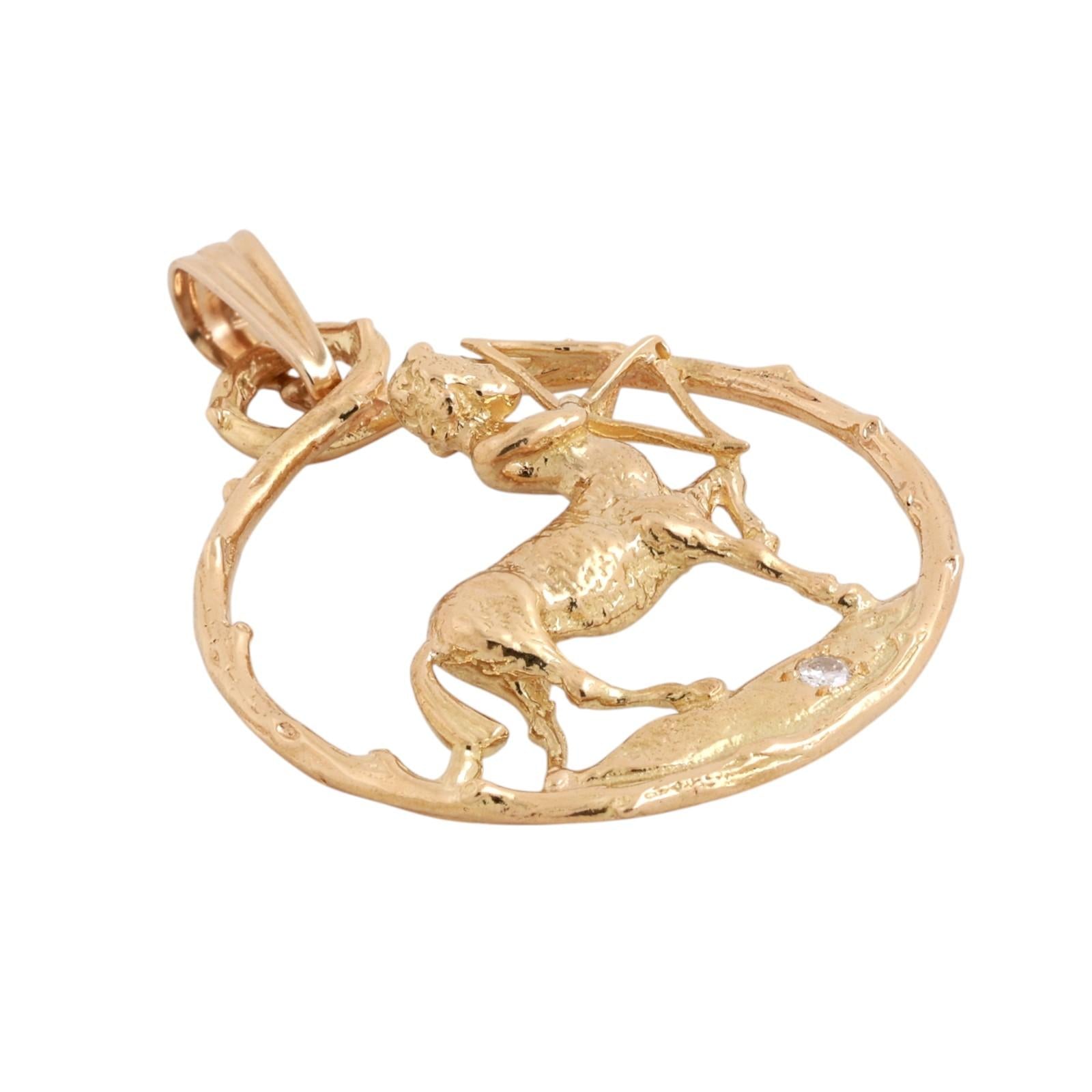 Sagittarius Pendant 18K Yellow Gold Diamond Accent Zodiac Charm 2.55"