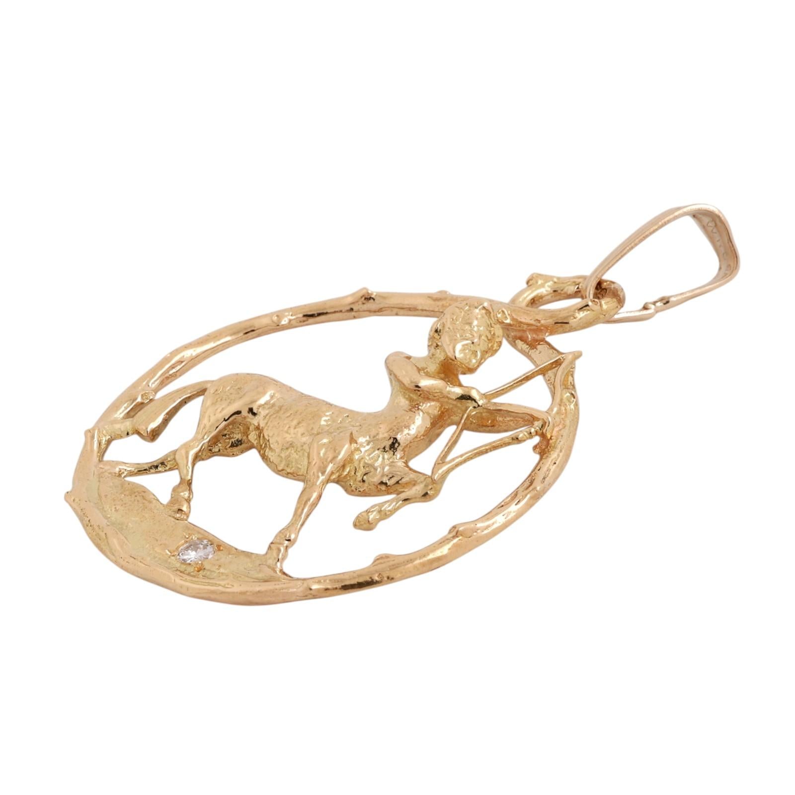 Sagittarius Pendant 18K Yellow Gold Diamond Accent Zodiac Charm 2.55"