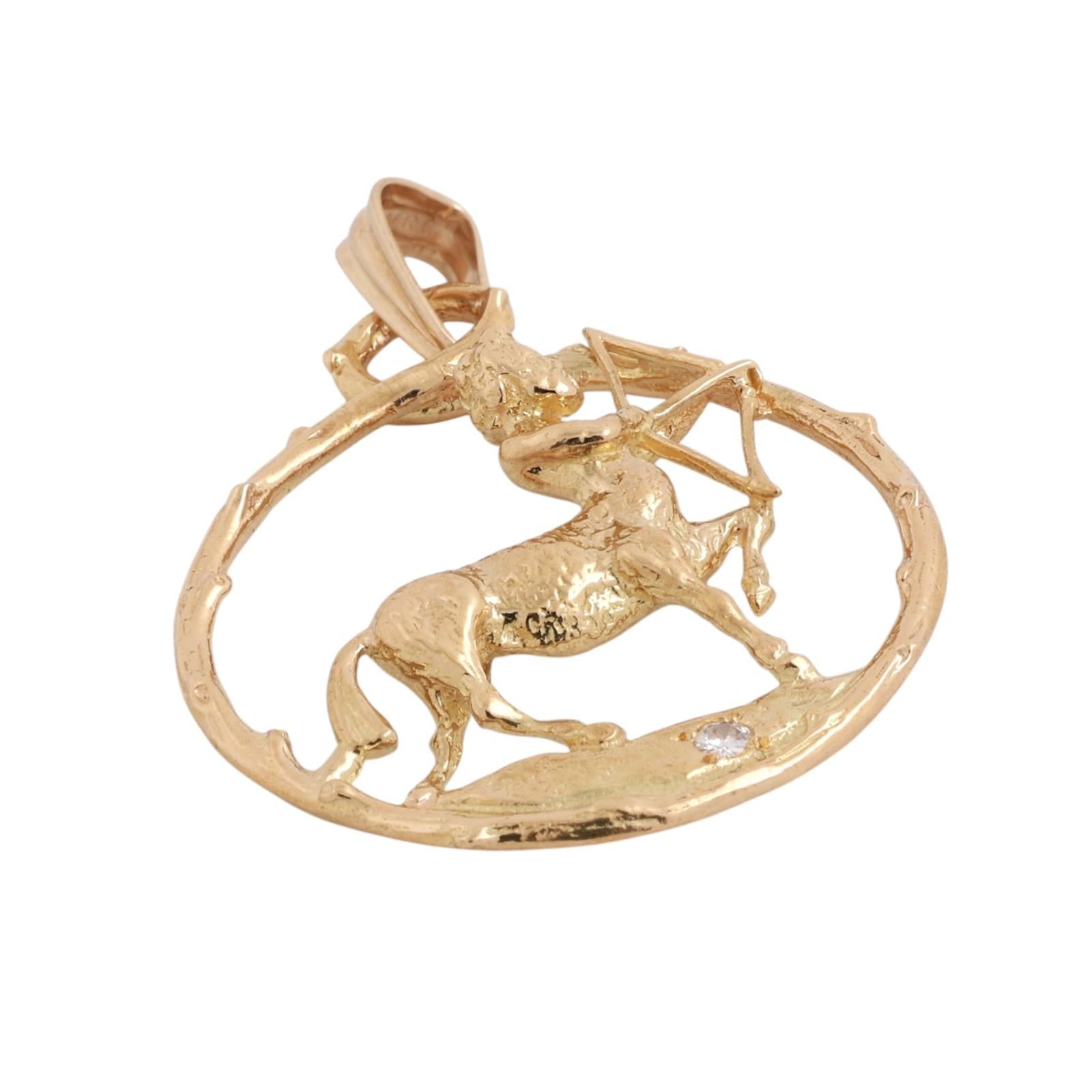 Sagittarius Pendant 18K Yellow Gold Diamond Accent Zodiac Charm 2.55"