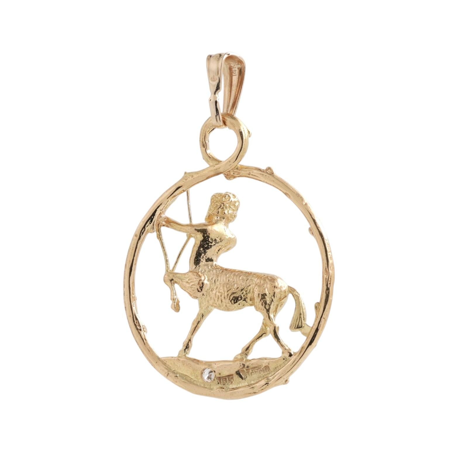 Sagittarius Pendant 18K Yellow Gold Diamond Accent Zodiac Charm 2.55"