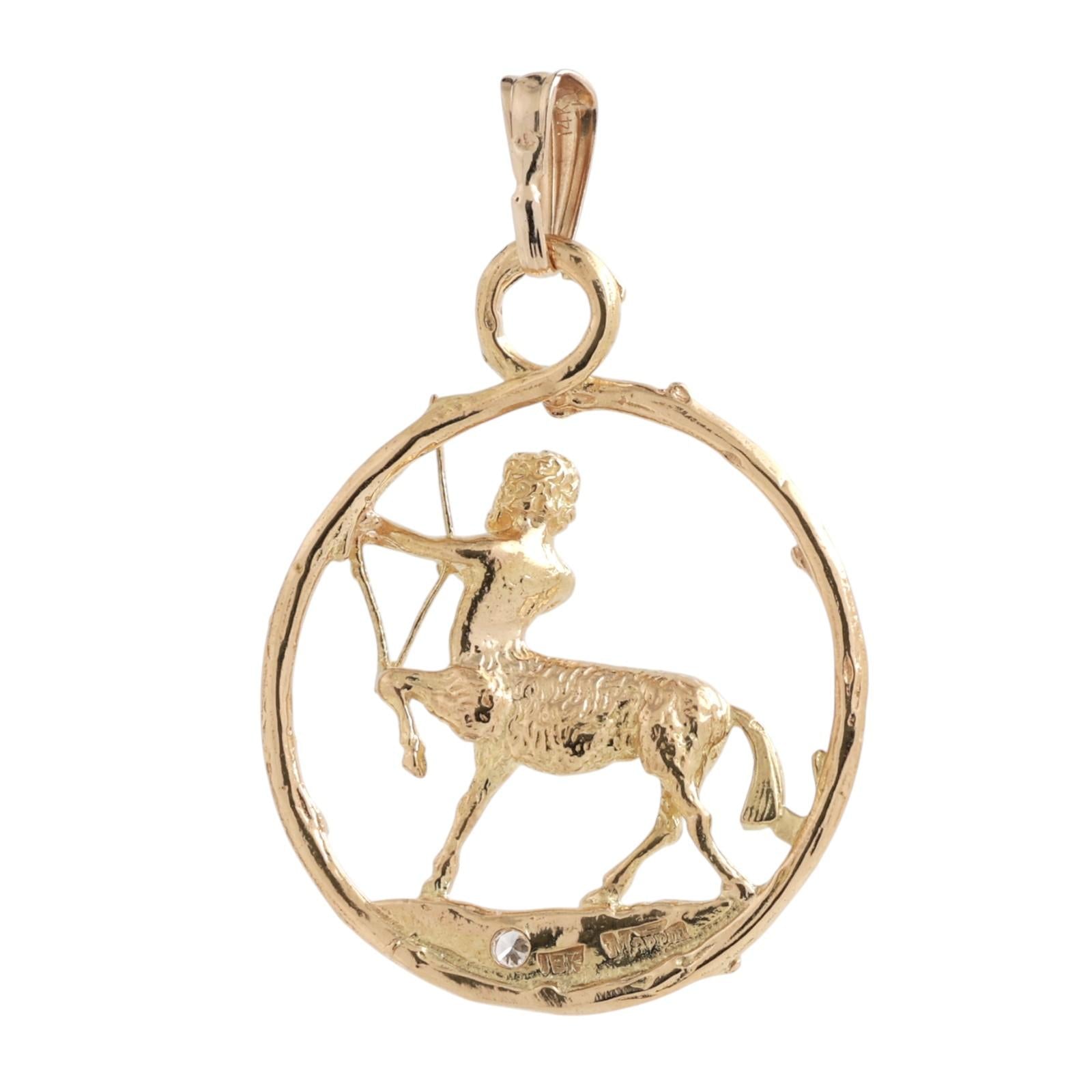Sagittarius Pendant 18K Yellow Gold Diamond Accent Zodiac Charm 2.55"