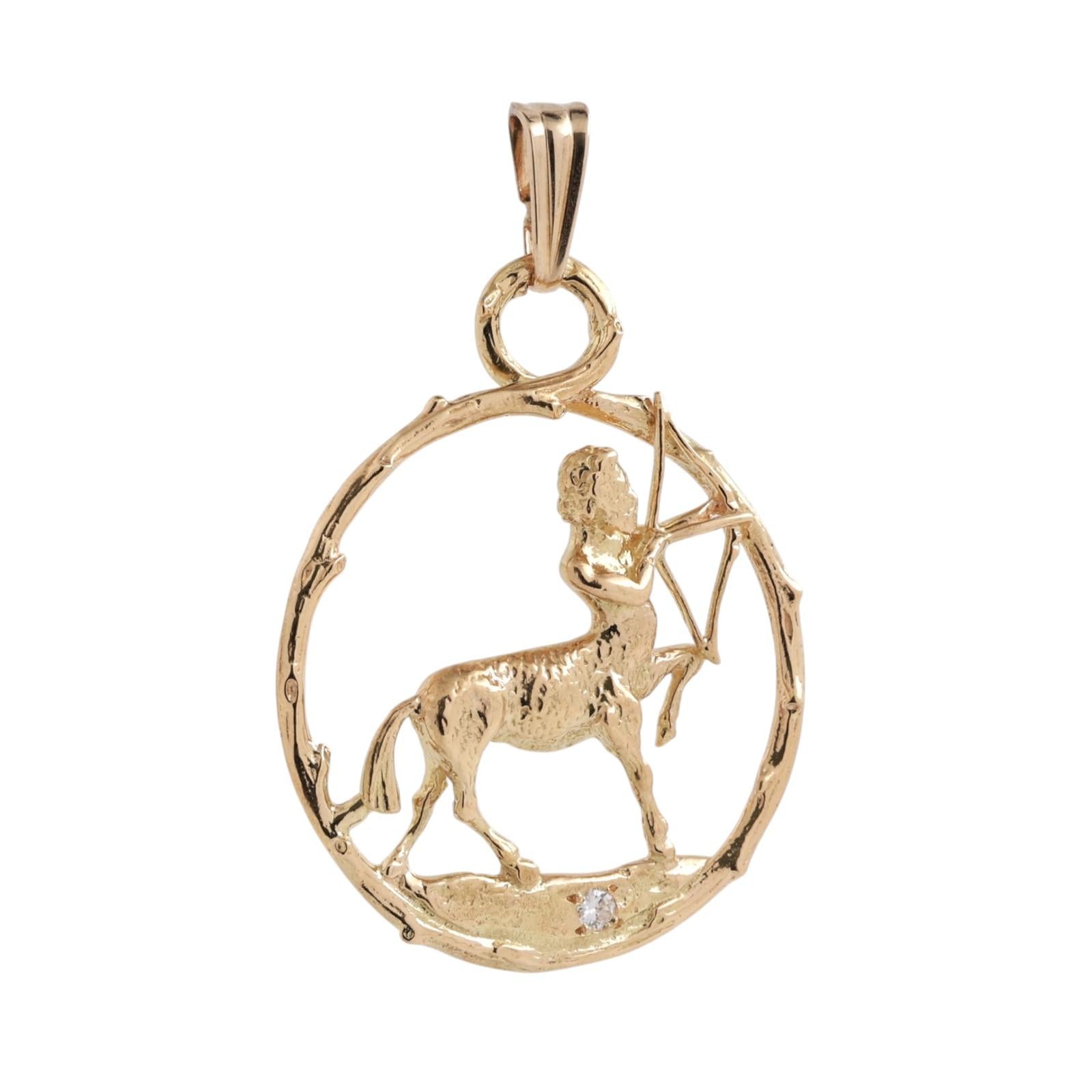 Sagittarius Pendant 18K Yellow Gold Diamond Accent Zodiac Charm 2.55"