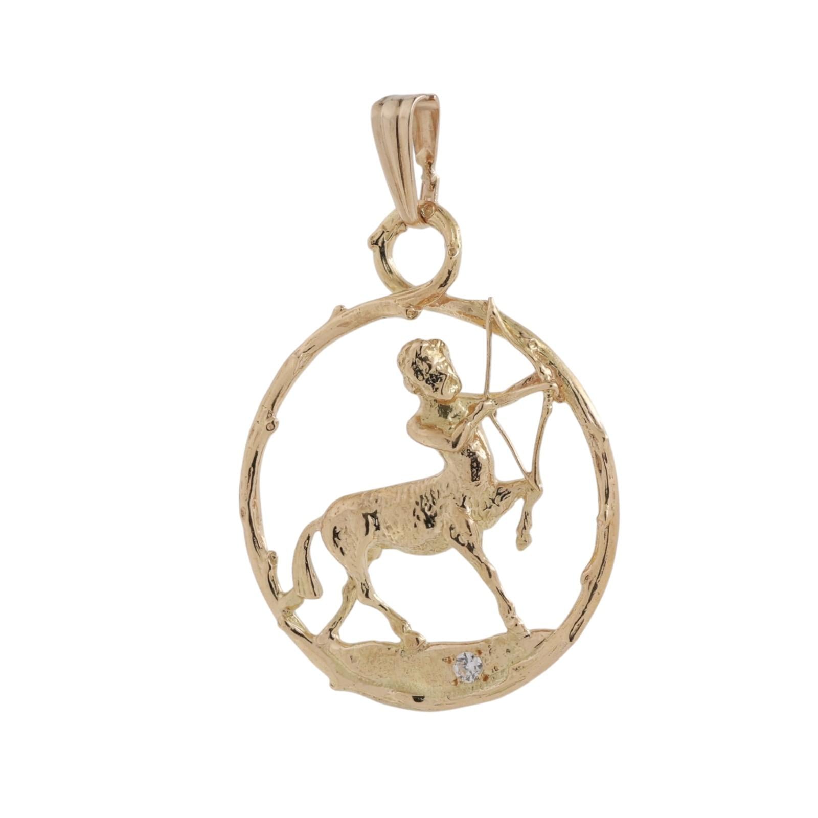 Sagittarius Pendant 18K Yellow Gold Diamond Accent Zodiac Charm 2.55"