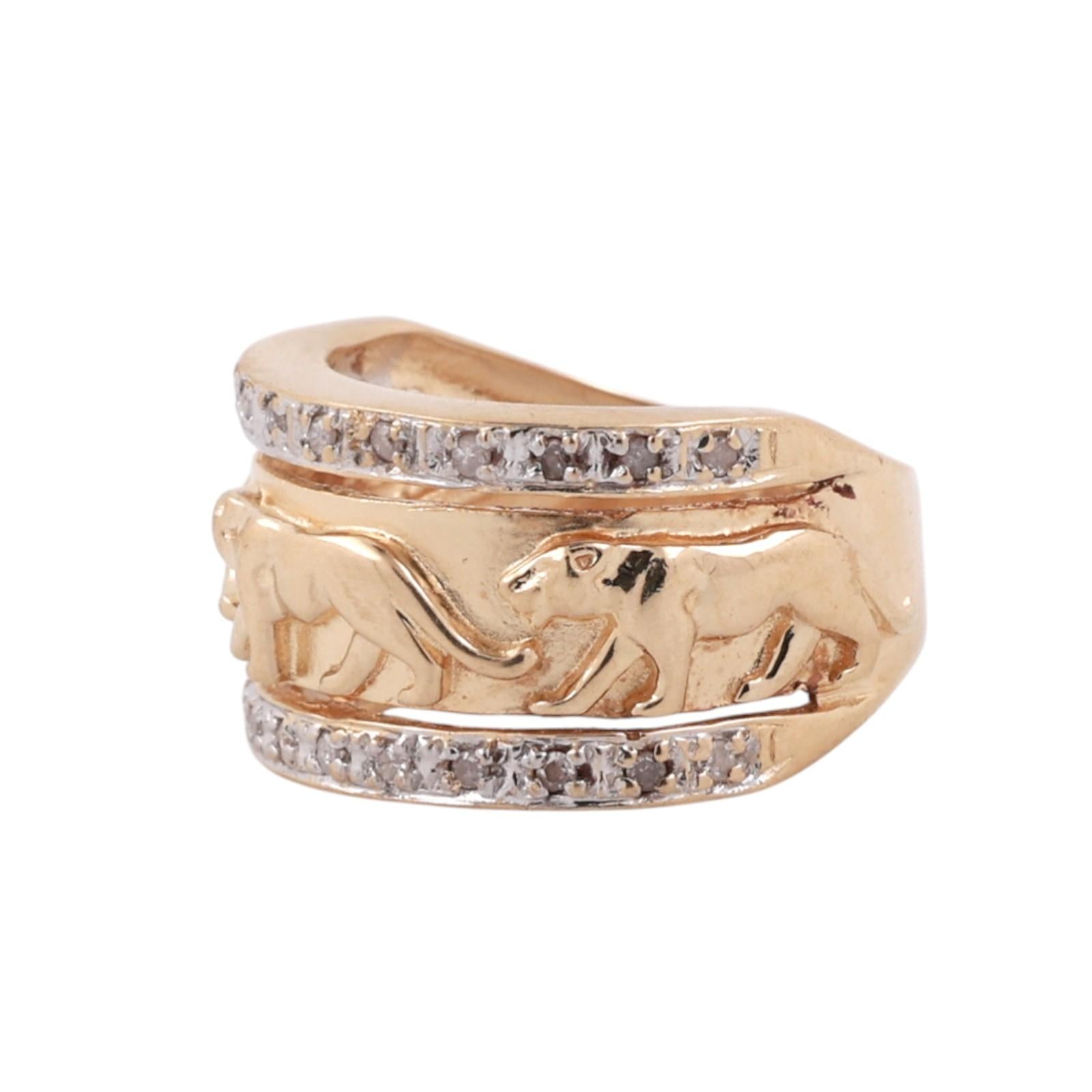 14K Gold Panther Ring Diamond Two Tone Band Wide Animal Statement Ring Unisex SZ