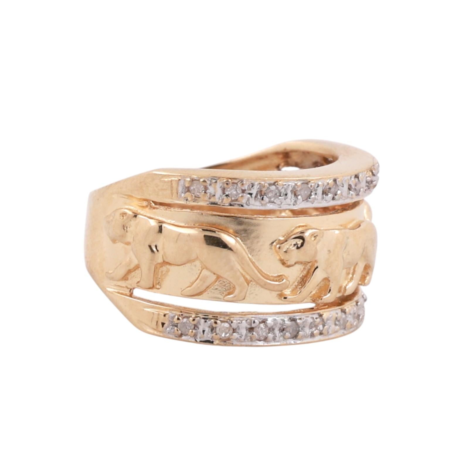 14K Gold Panther Ring Diamond Two Tone Band Wide Animal Statement Ring Unisex SZ