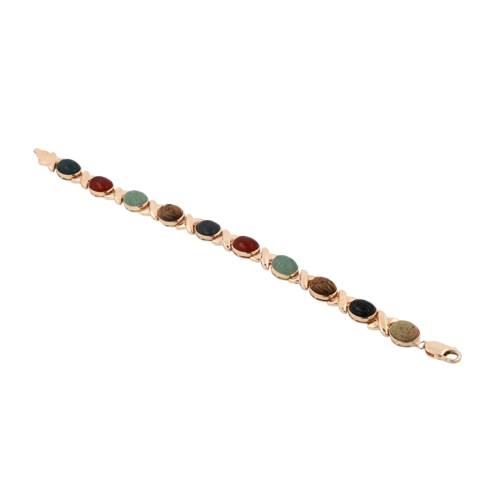 14K Yellow Gold Multi Gemstone Carved Scarab Link Bracelet 7.75”