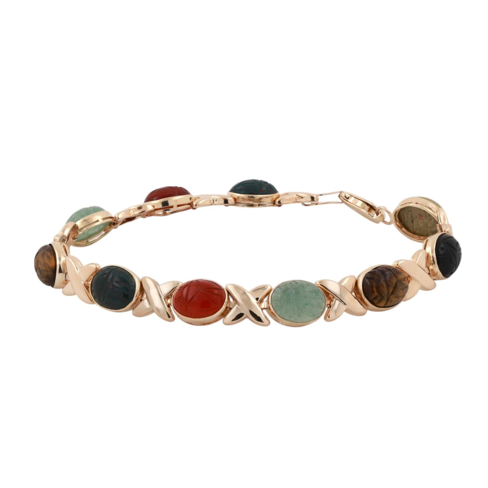 14K Yellow Gold Multi Gemstone Carved Scarab Link Bracelet 7.75”