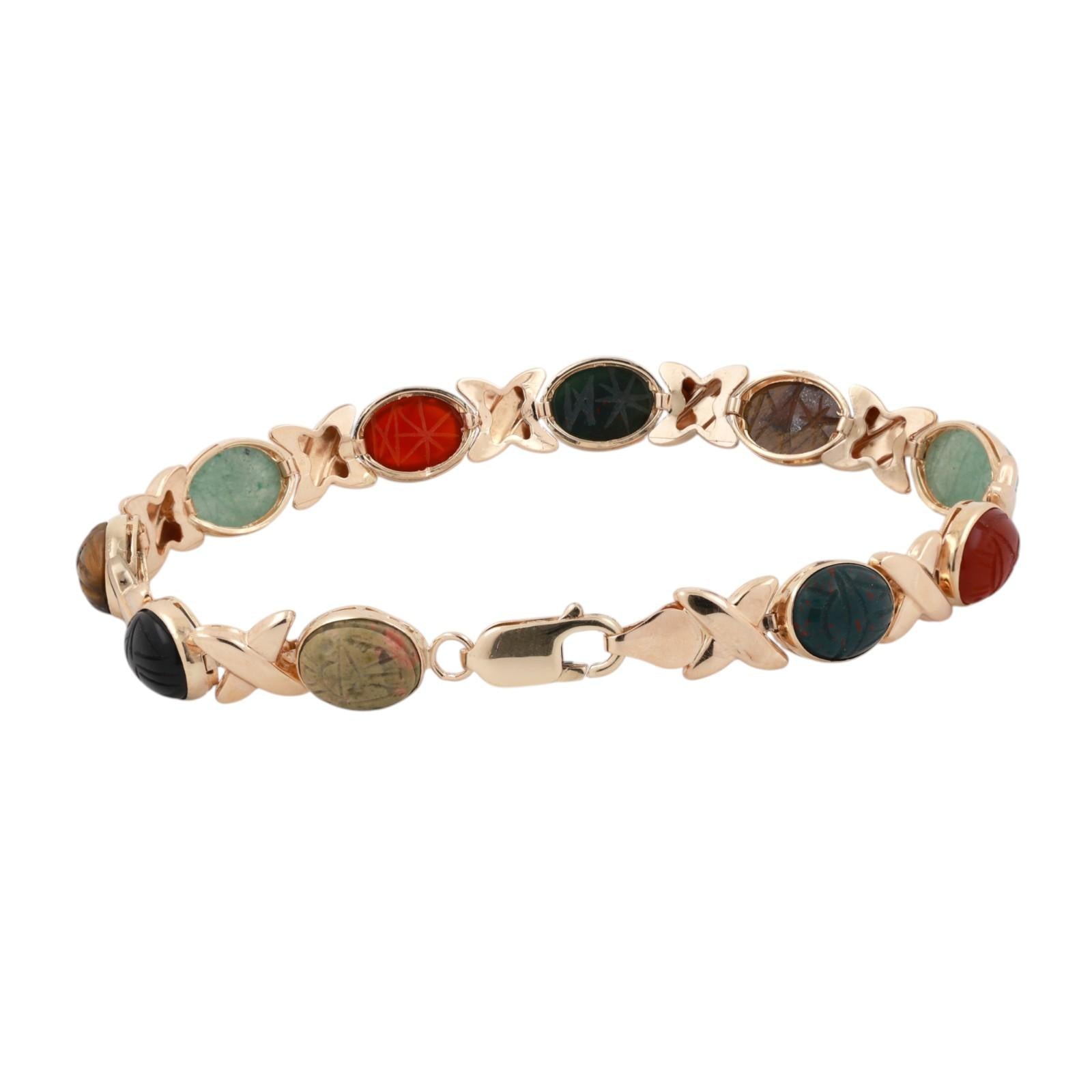 14K Yellow Gold Multi Gemstone Carved Scarab Link Bracelet 7.75”