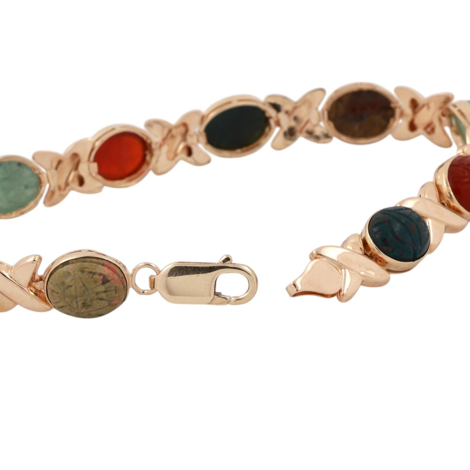 14K Yellow Gold Multi Gemstone Carved Scarab Link Bracelet 7.75”
