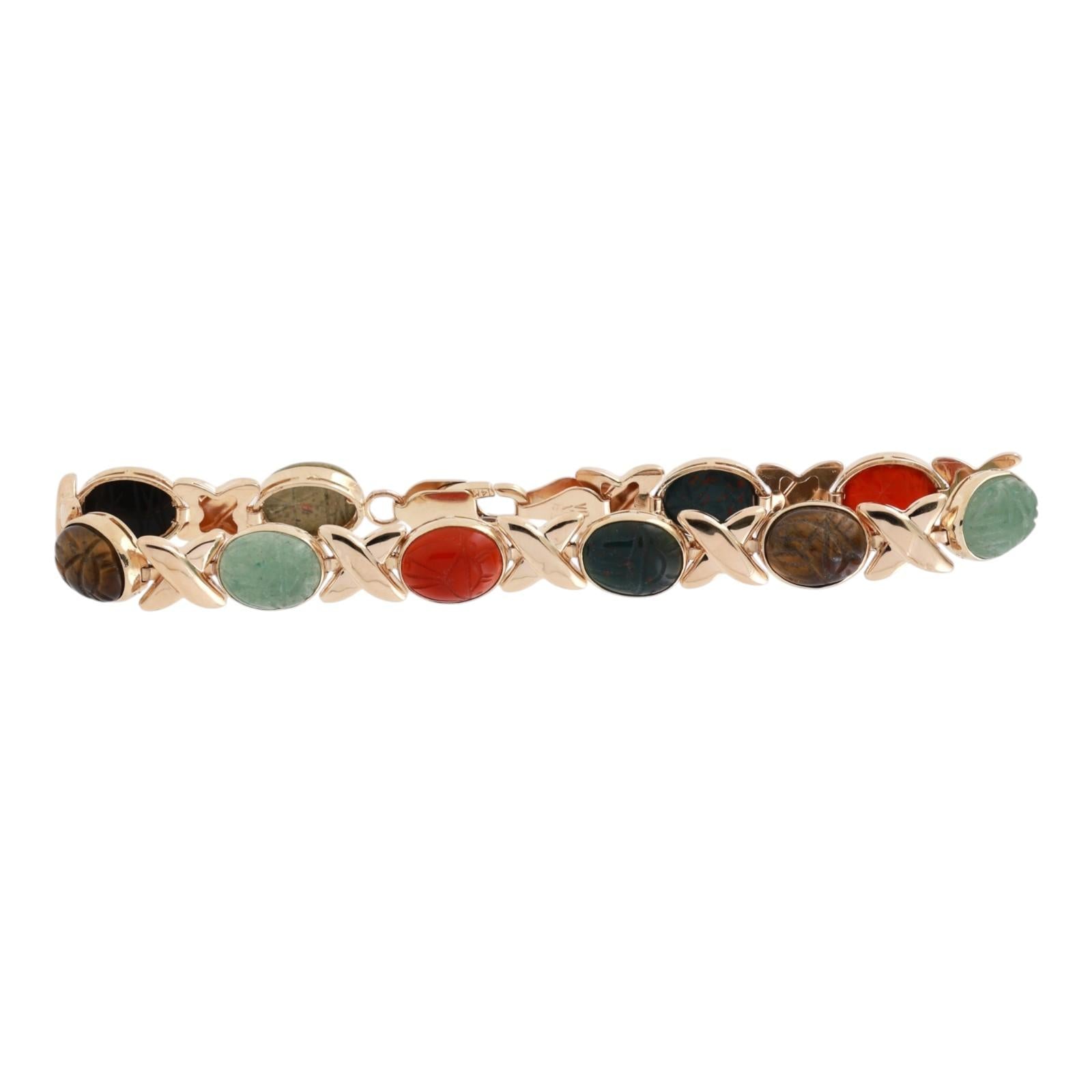 14K Yellow Gold Multi Gemstone Carved Scarab Link Bracelet 7.75”