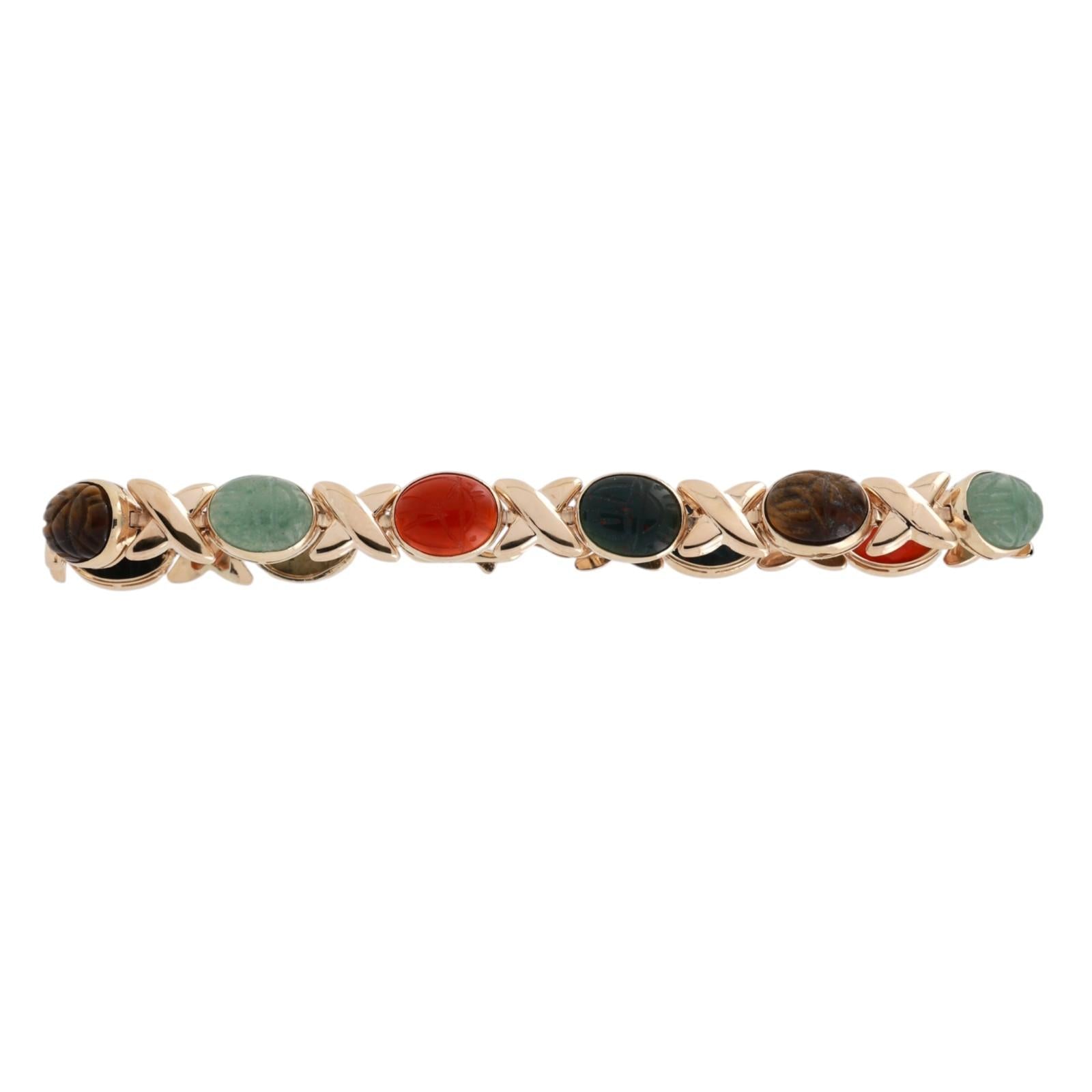14K Yellow Gold Multi Gemstone Carved Scarab Link Bracelet 7.75”