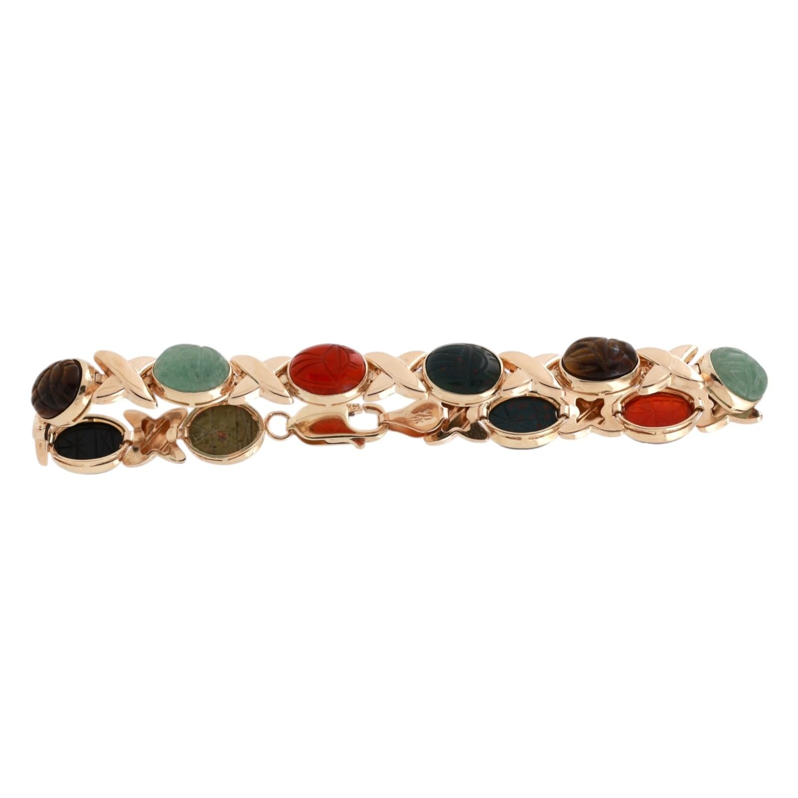 14K Yellow Gold Multi Gemstone Carved Scarab Link Bracelet 7.75”