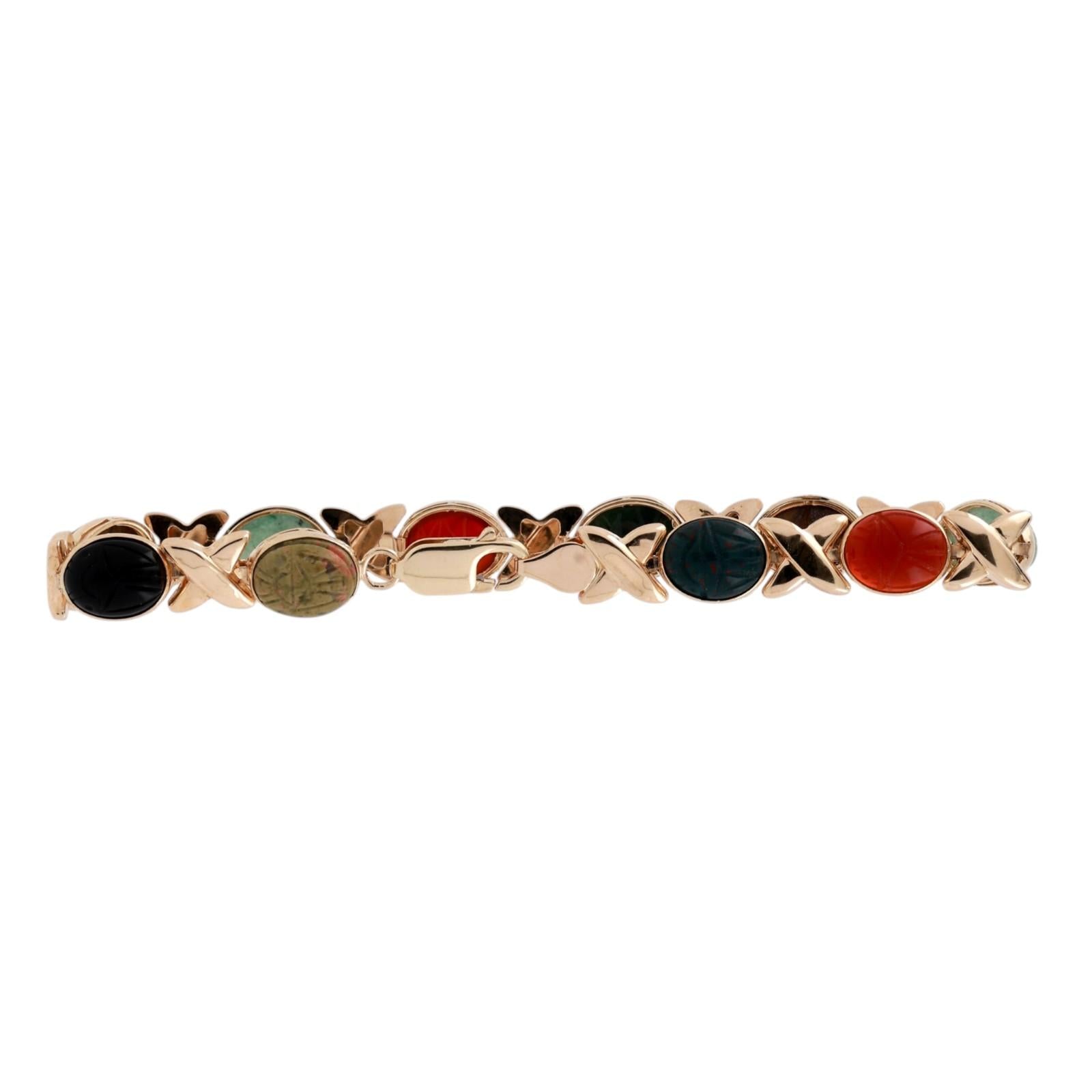 14K Yellow Gold Multi Gemstone Carved Scarab Link Bracelet 7.75”