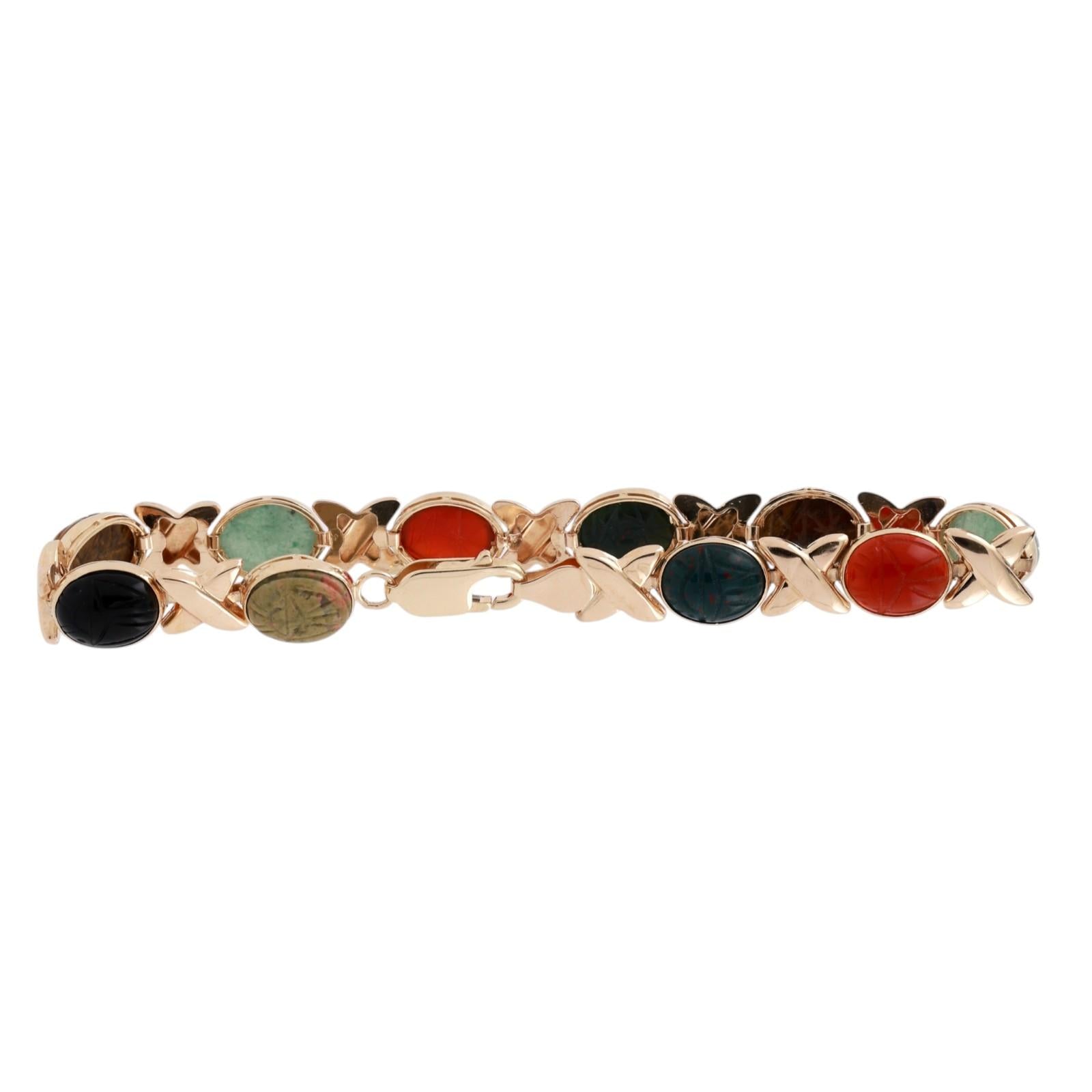 14K Yellow Gold Multi Gemstone Carved Scarab Link Bracelet 7.75”